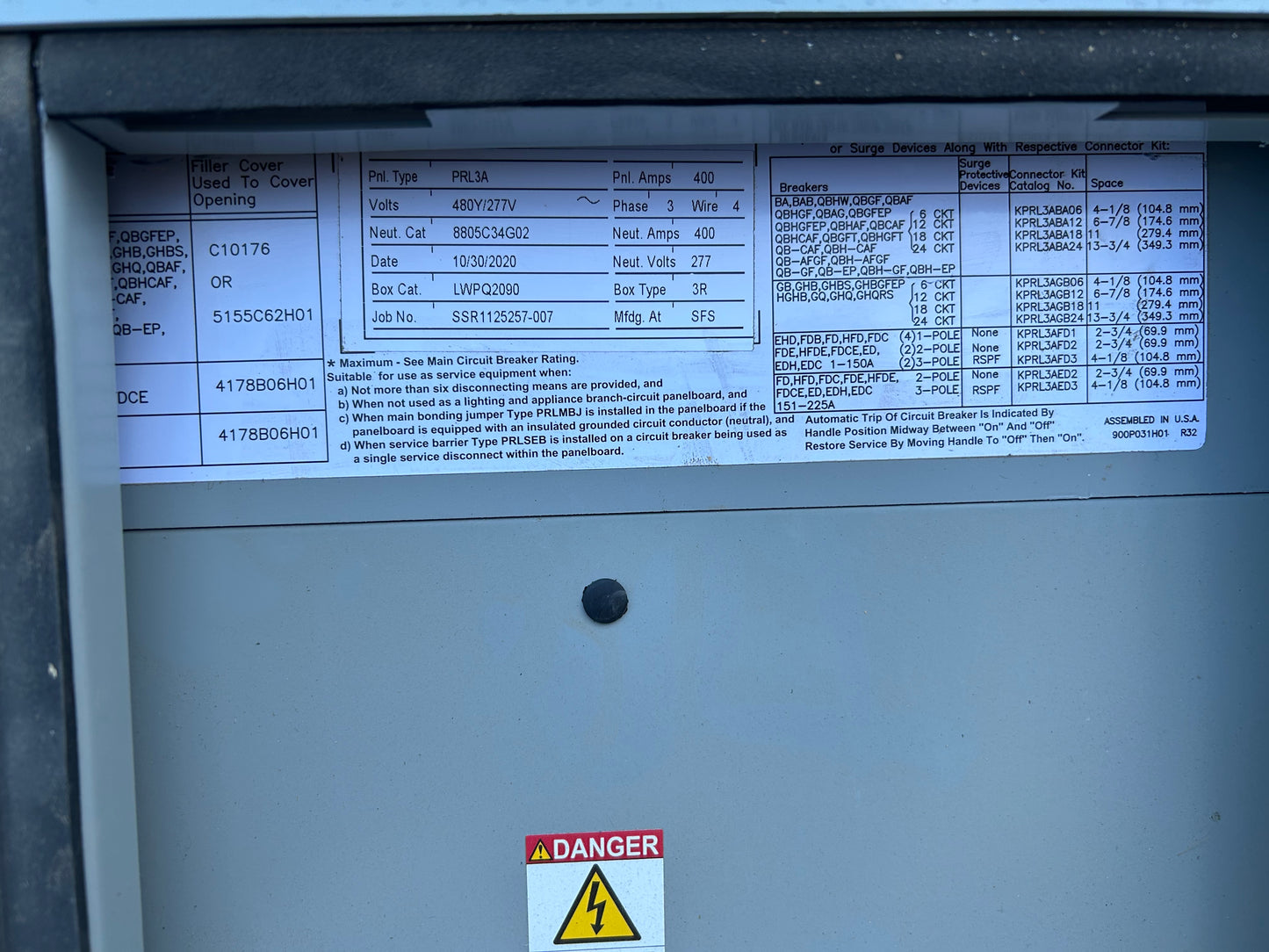 EATON PRL3A Panel Board 480y/277v 400 AMP 3 Phase Wire 4