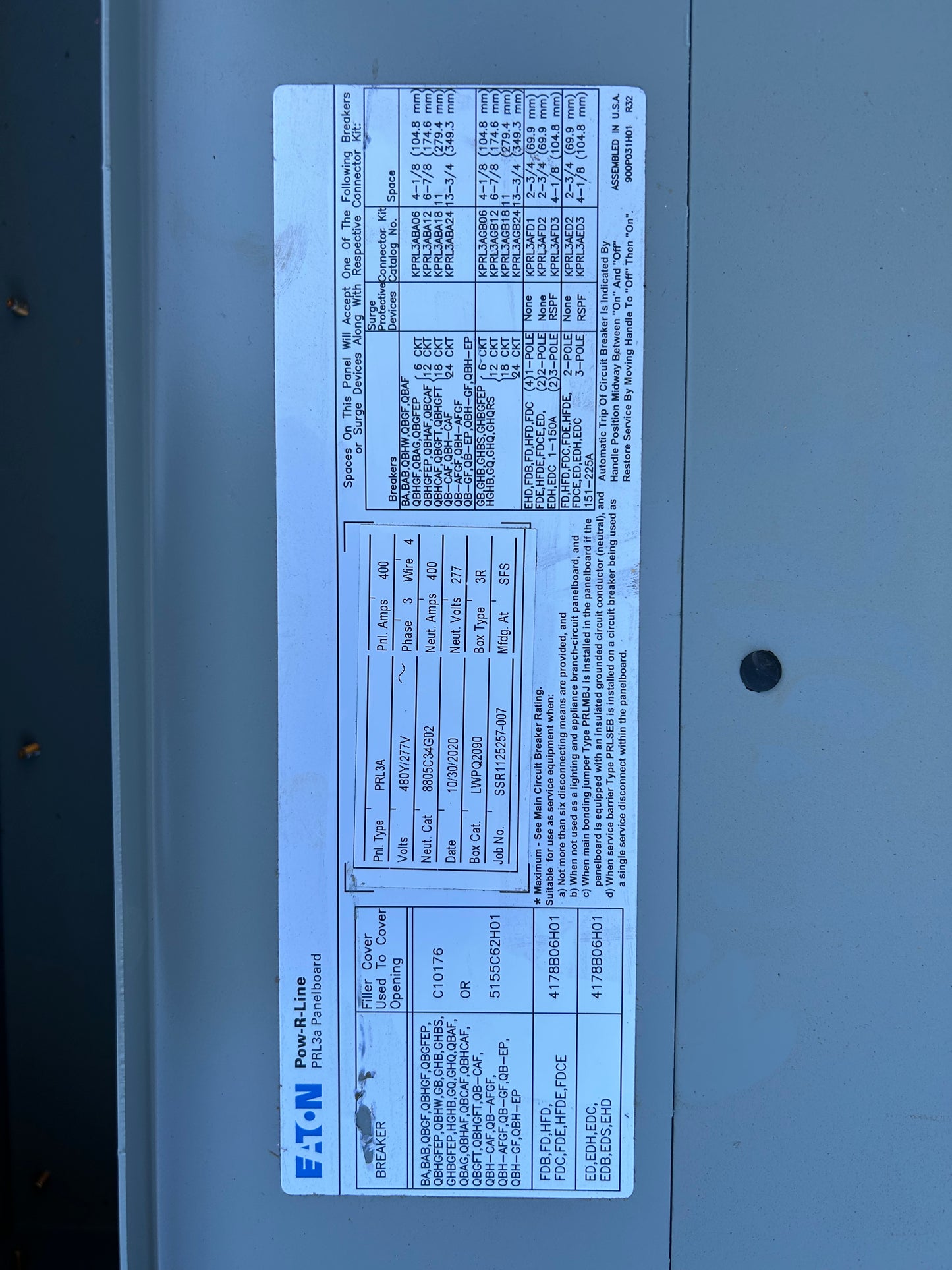 EATON PRL3A Panel Board 480y/277v 400 AMP 3 Phase Wire 4