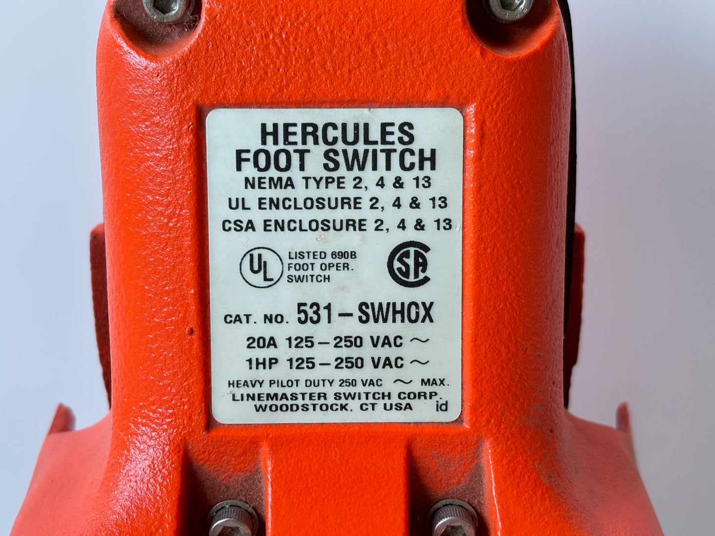 Hercules 531‑SWH0X Heavy‑Duty Foot Switch, SPDT, 20A, Cast Iron
