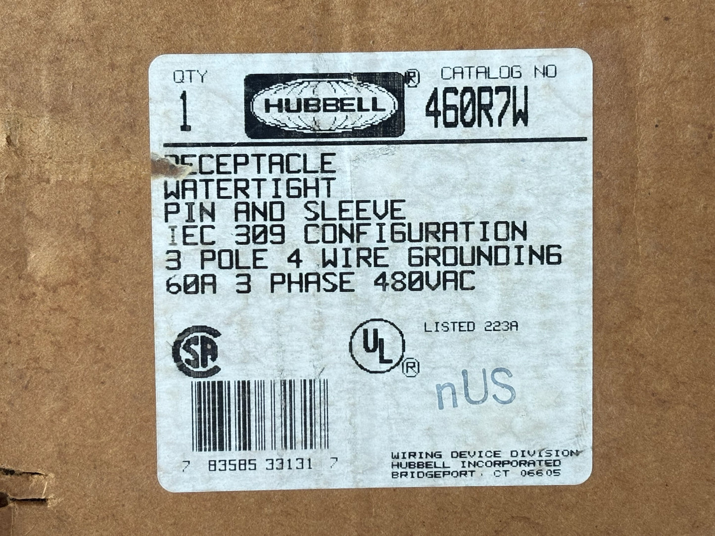 Hubbell HBL460R7W 60 A, 3‑Phase Delta, 480 V Watertight Receptacle