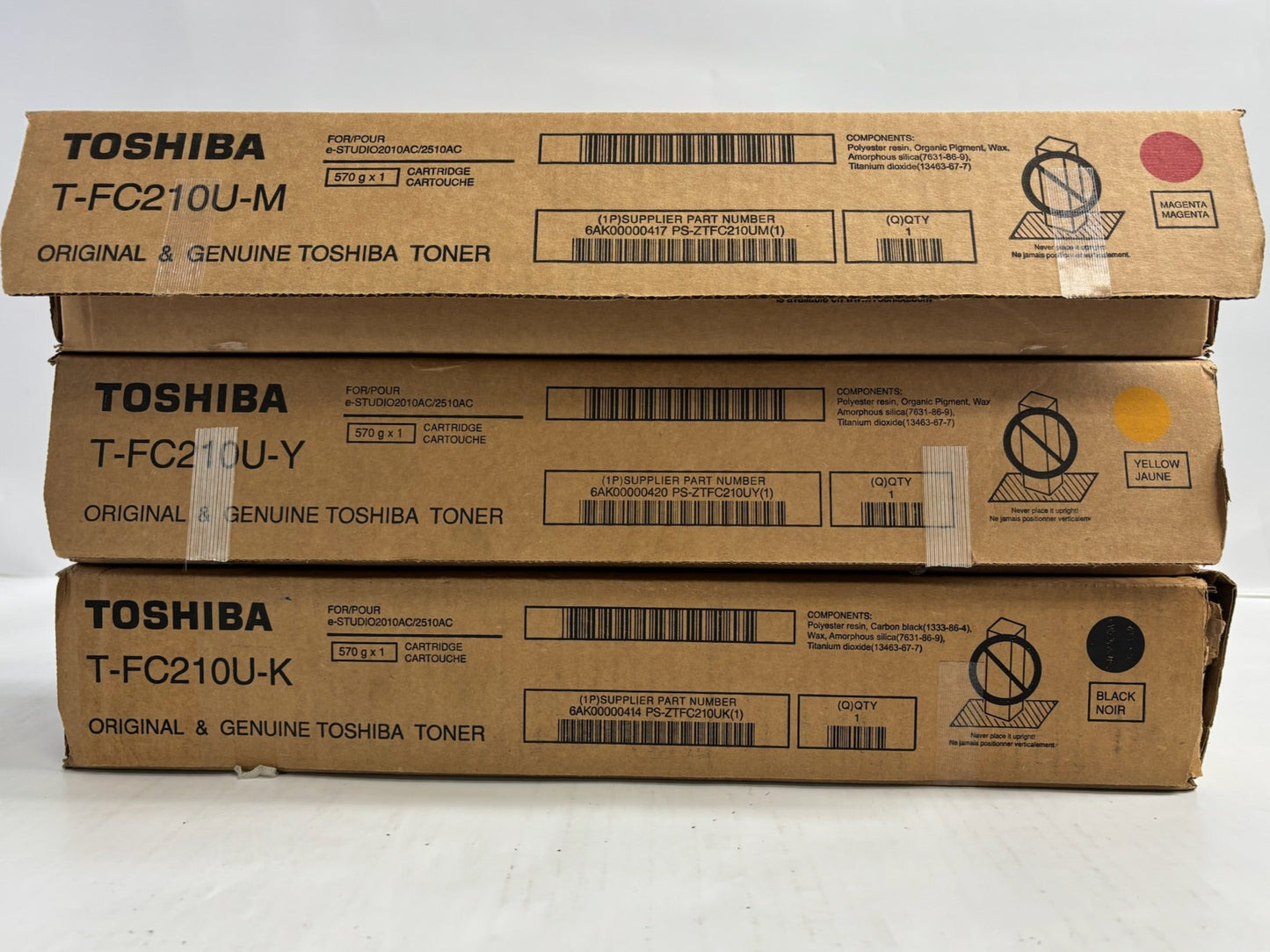3 Open OEM Toshiba eStudio 2010AC,2510AC MYK Toners T-FC210U (No Cyan, No Tab)