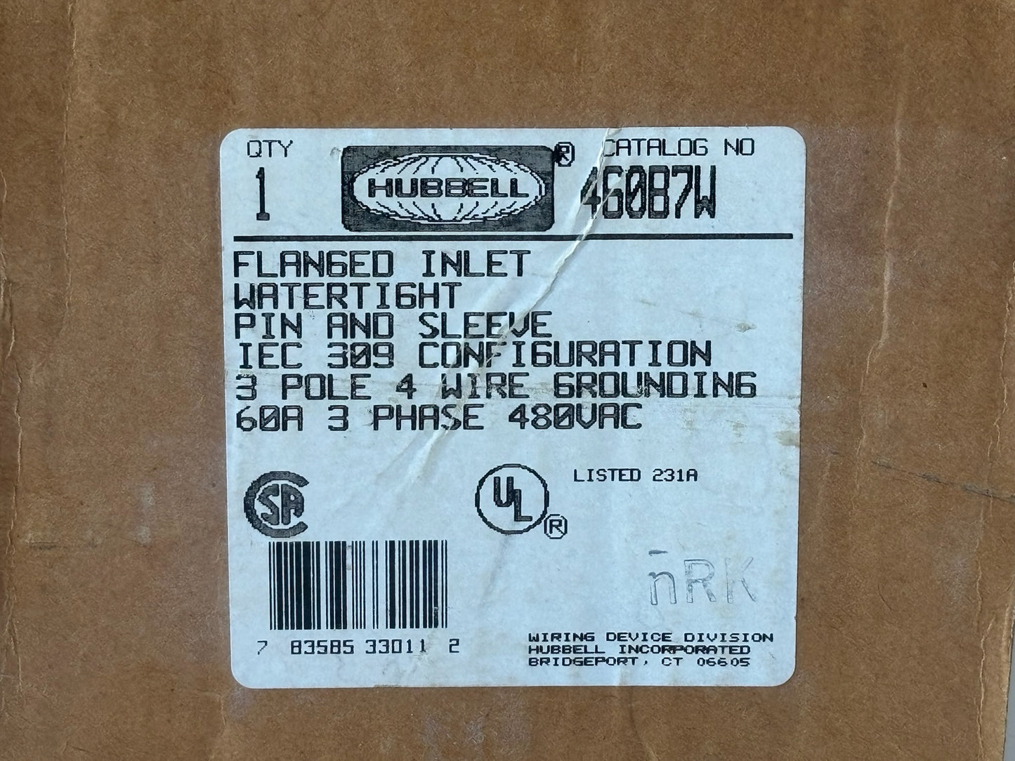 Hubbell HBL460B7W 60A 480V 3‑Phase Watertight Inlet