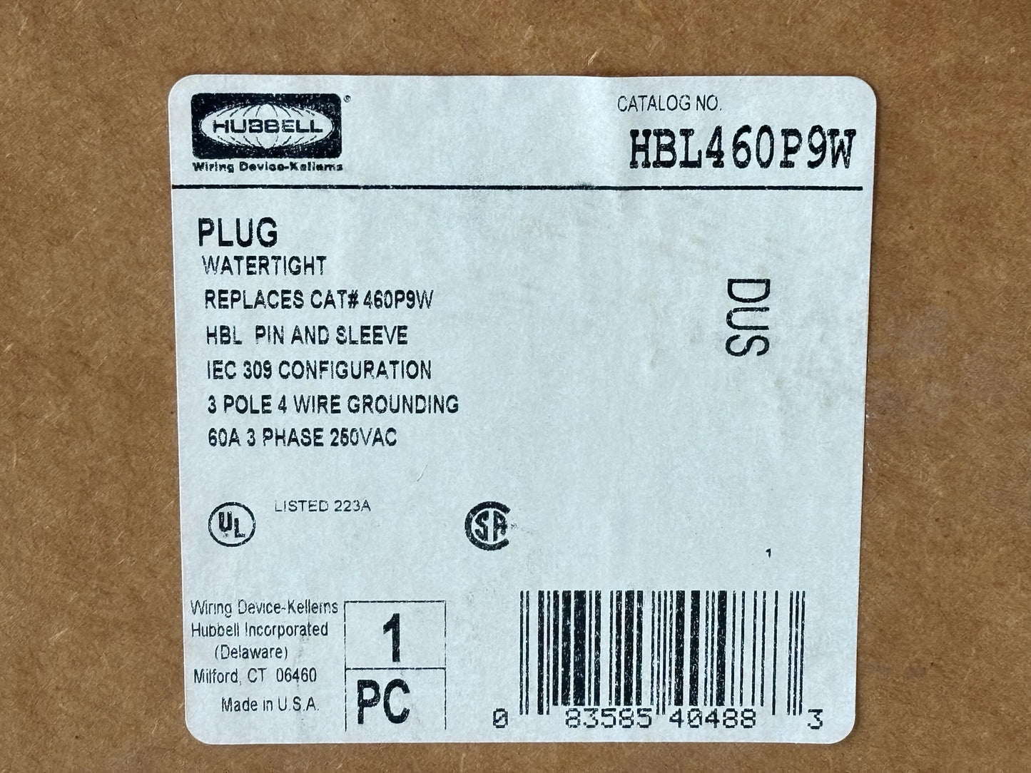 Hubbell HBL460P9W 60A 3‑Phase Watertight Plug, 250V