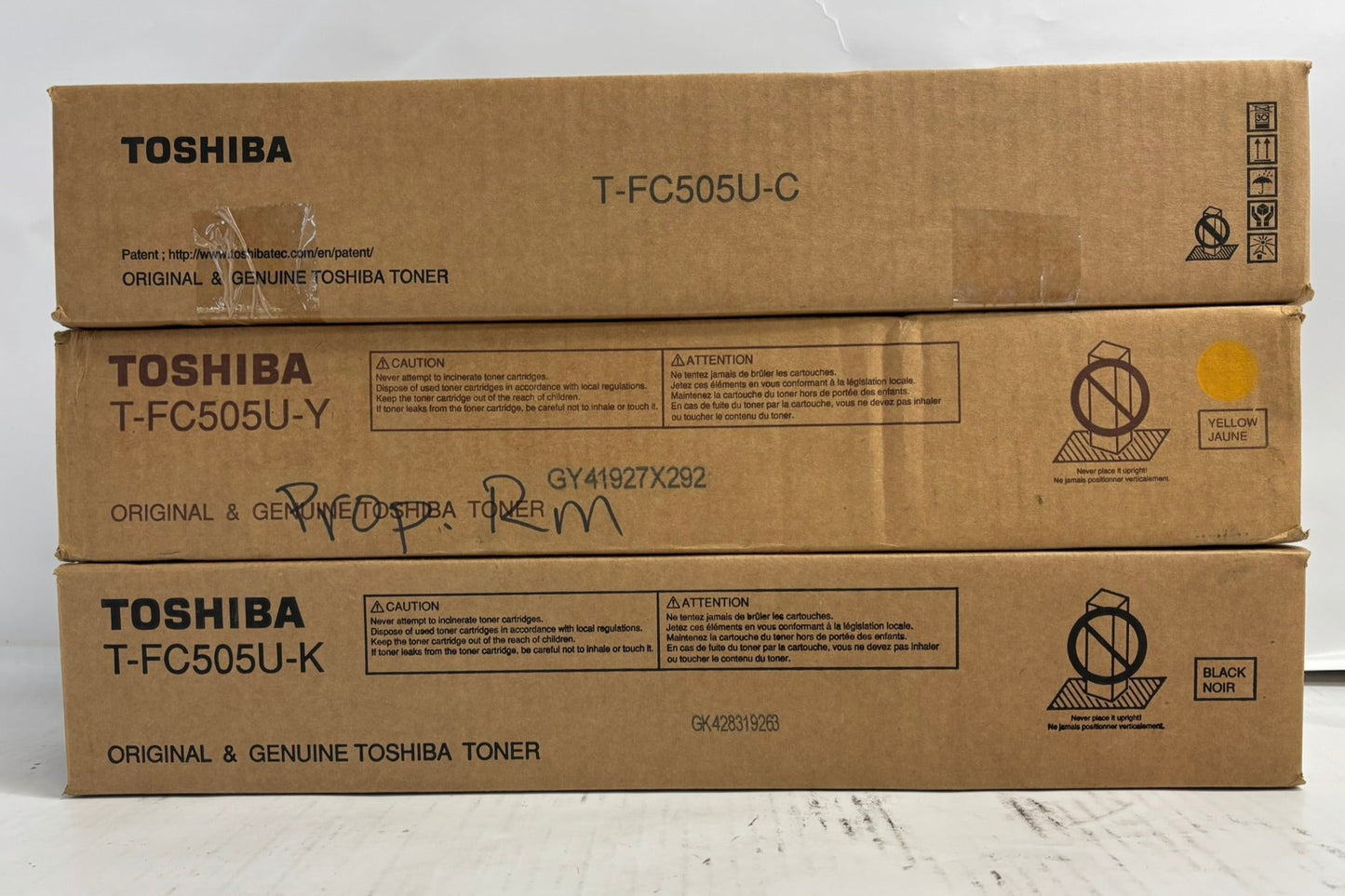 3 Open Genuine Toshiba e2505AC,3005AC CYK Toners T-FC505U-C,Y,K (No Mag,No Tabs)