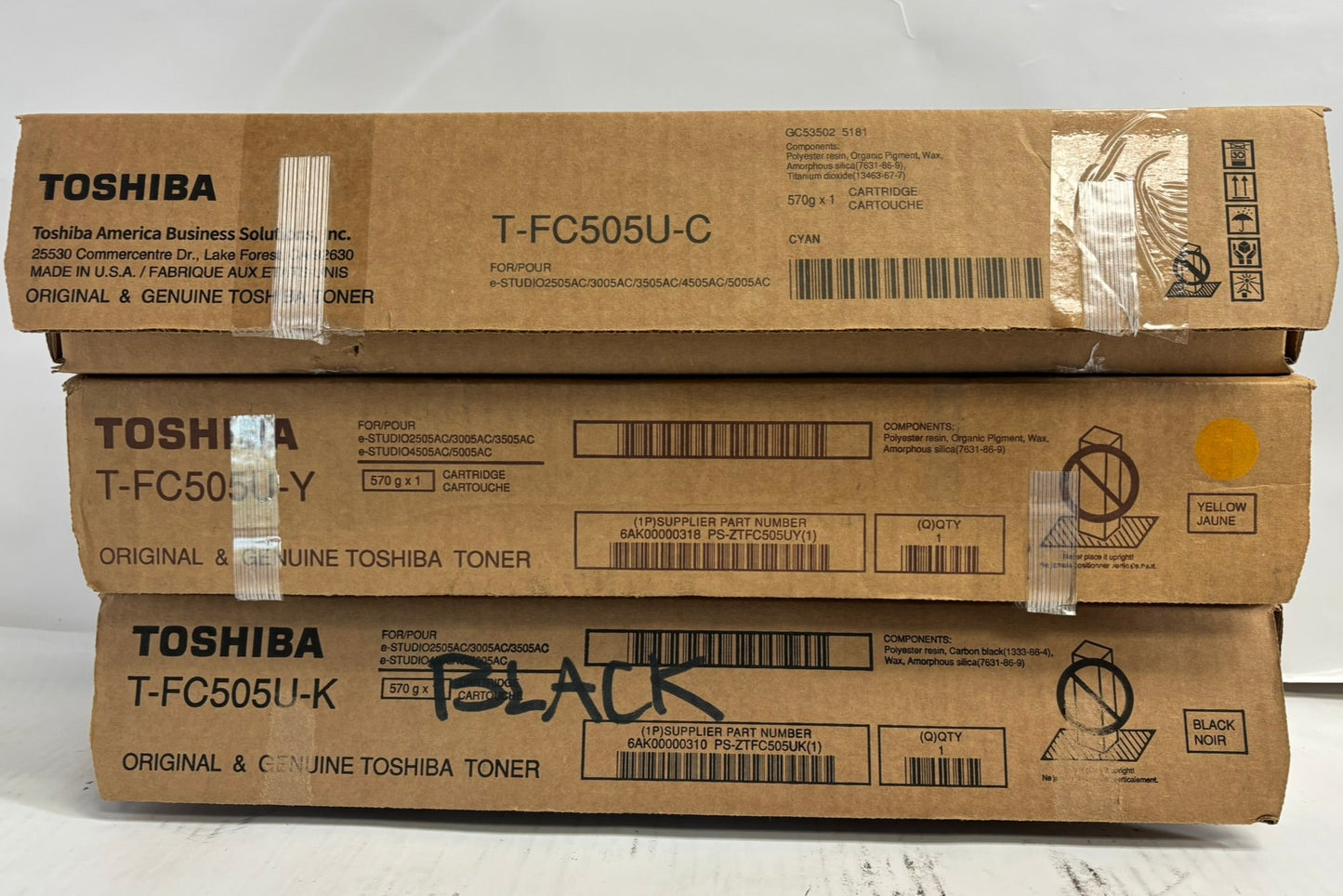3 Open Genuine Toshiba e2505AC,3005AC CYK Toners T-FC505U-C,Y,K (No Mag,No Tabs)