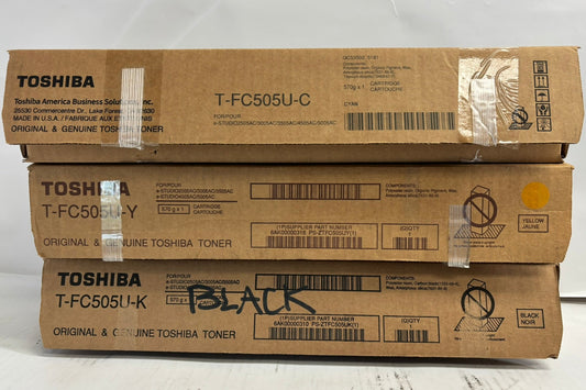 3 Open Genuine Toshiba e2505AC,3005AC CYK Toners T-FC505U-C,Y,K (No Mag,No Tabs)