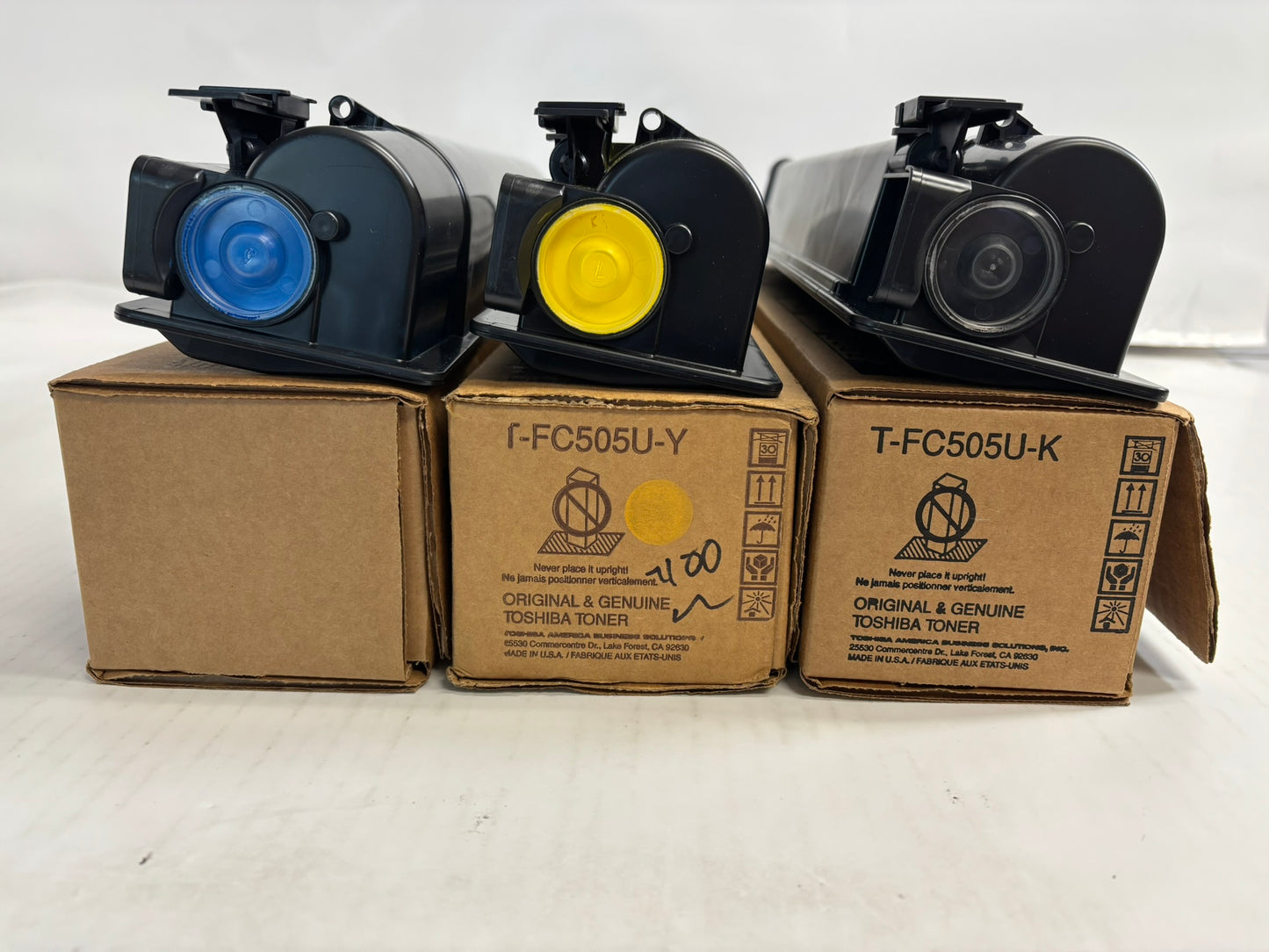 3 Open Genuine Toshiba e2505AC,3005AC CYK Toners T-FC505U-C,Y,K (No Mag,No Tabs)