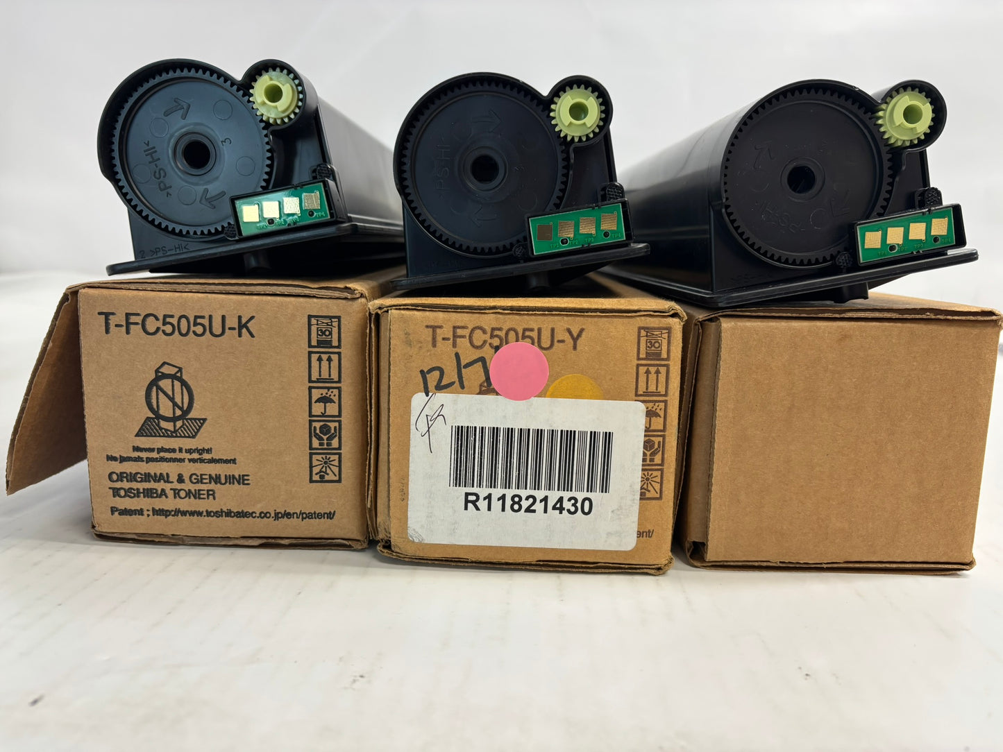 3 Open Genuine Toshiba e2505AC,3005AC CYK Toners T-FC505U-C,Y,K (No Mag,No Tabs)