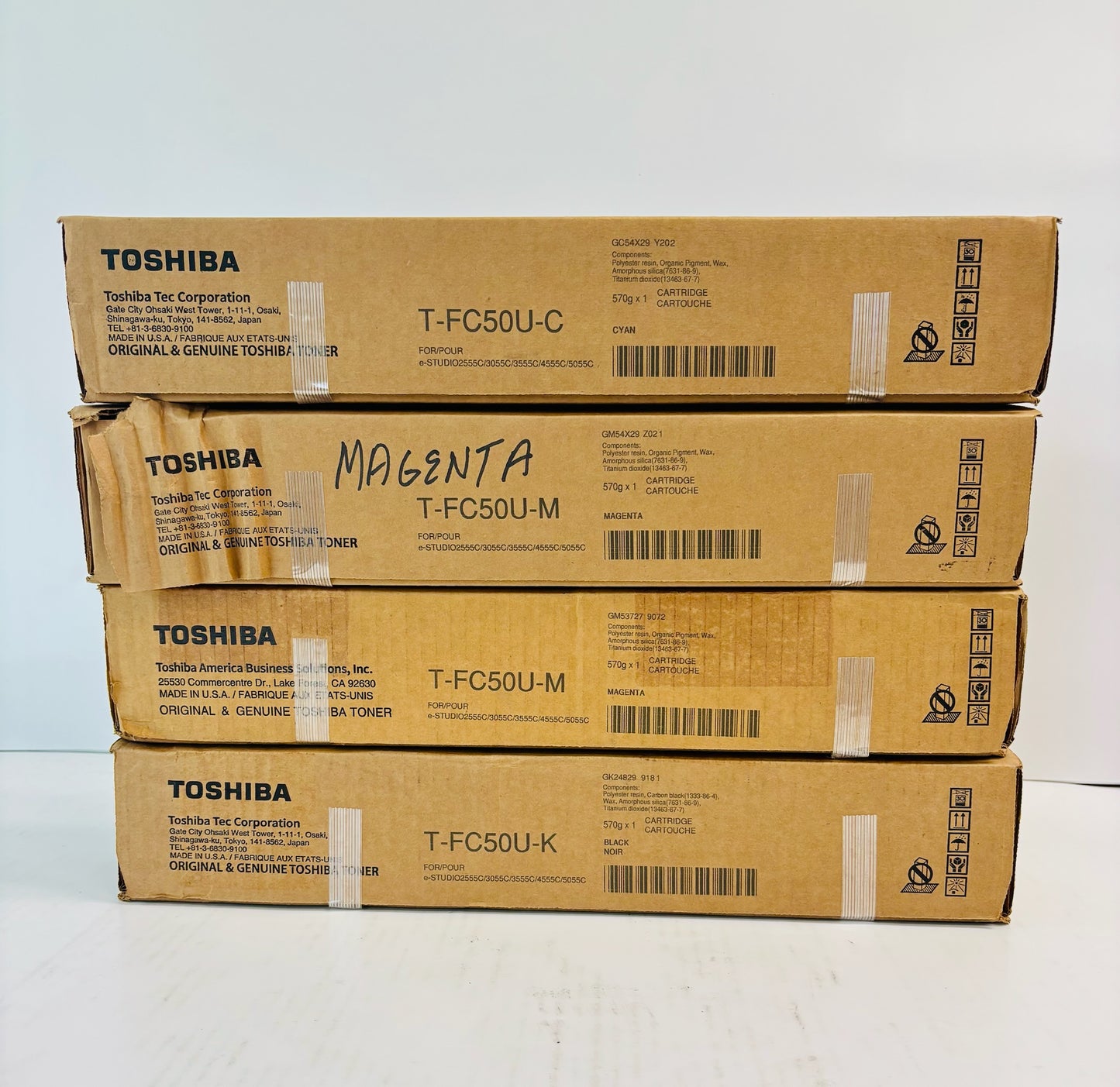 4 Genuine Toshiba es2555C,3055C,C4555C Cyan, Magenta & Black Toner T-FC50U CMMK