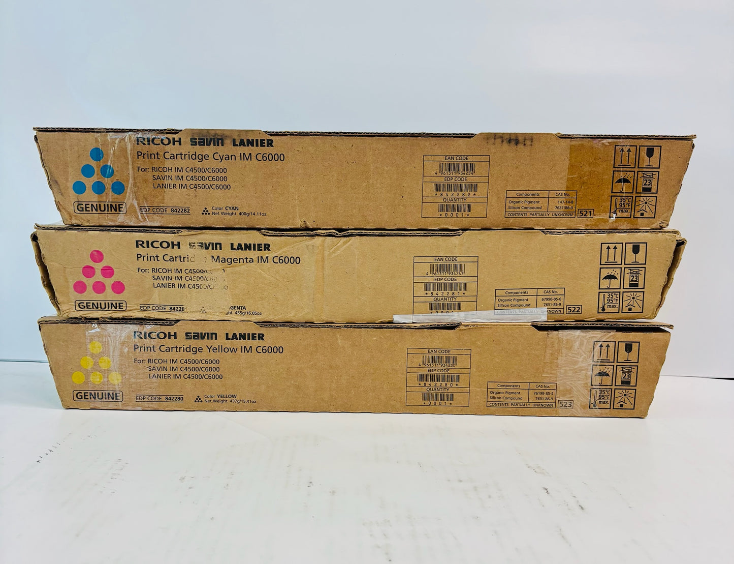 3 Genuine Ricoh IM C4500,C6000 Cyan, Mag & Yellow Toner 842280,842281,842282