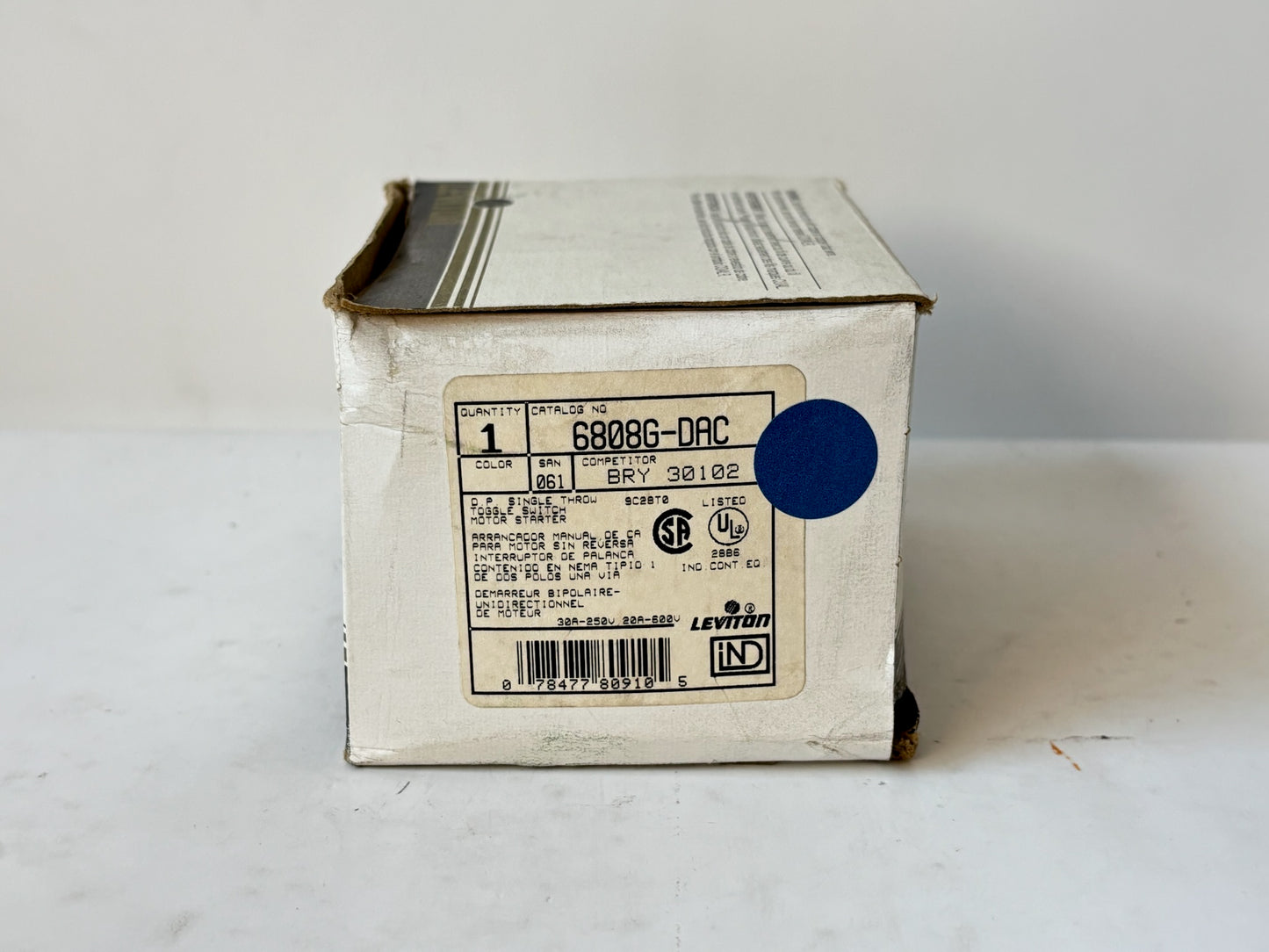 Leviton 6808G-DAC 30A Toggle Switch, 250V AC, 20A Motor Starter, Non-Reversing
