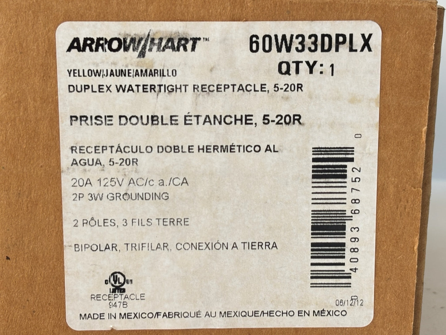 Eaton 60W33DPLX Arrow Hart 20A 125V Watertight Duplex Receptacle, Yellow
