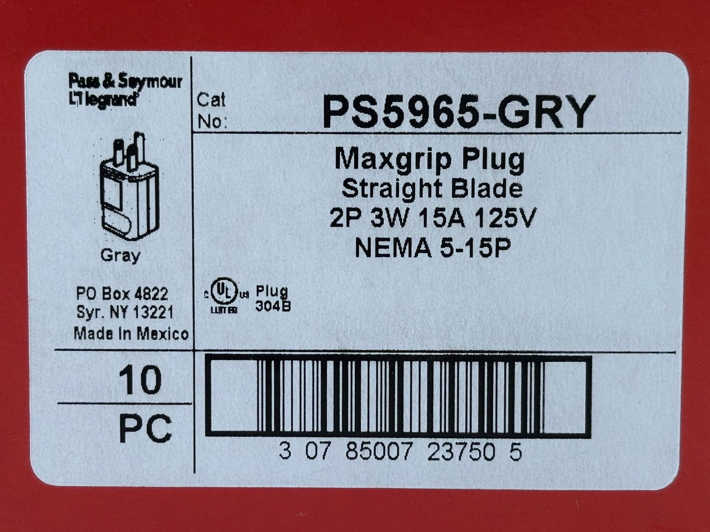10 PK Legrand PS5965-GRY MaxGrip M3 Plug 15A 125V 2P3W Straight Blade, Gray
