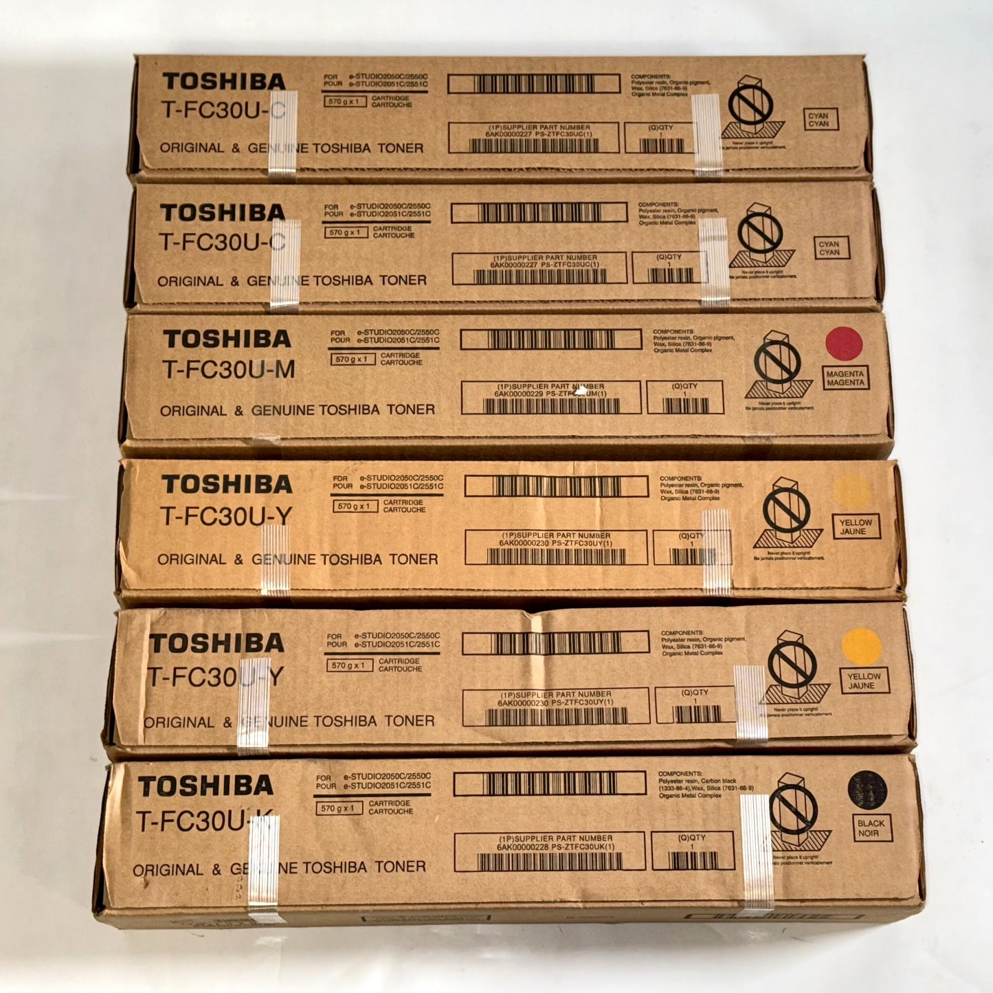 6 Genuine Toshiba e-STUDIO 2050C, 2550C, 2051, 2551C CCMYYK T-FC30U Toners