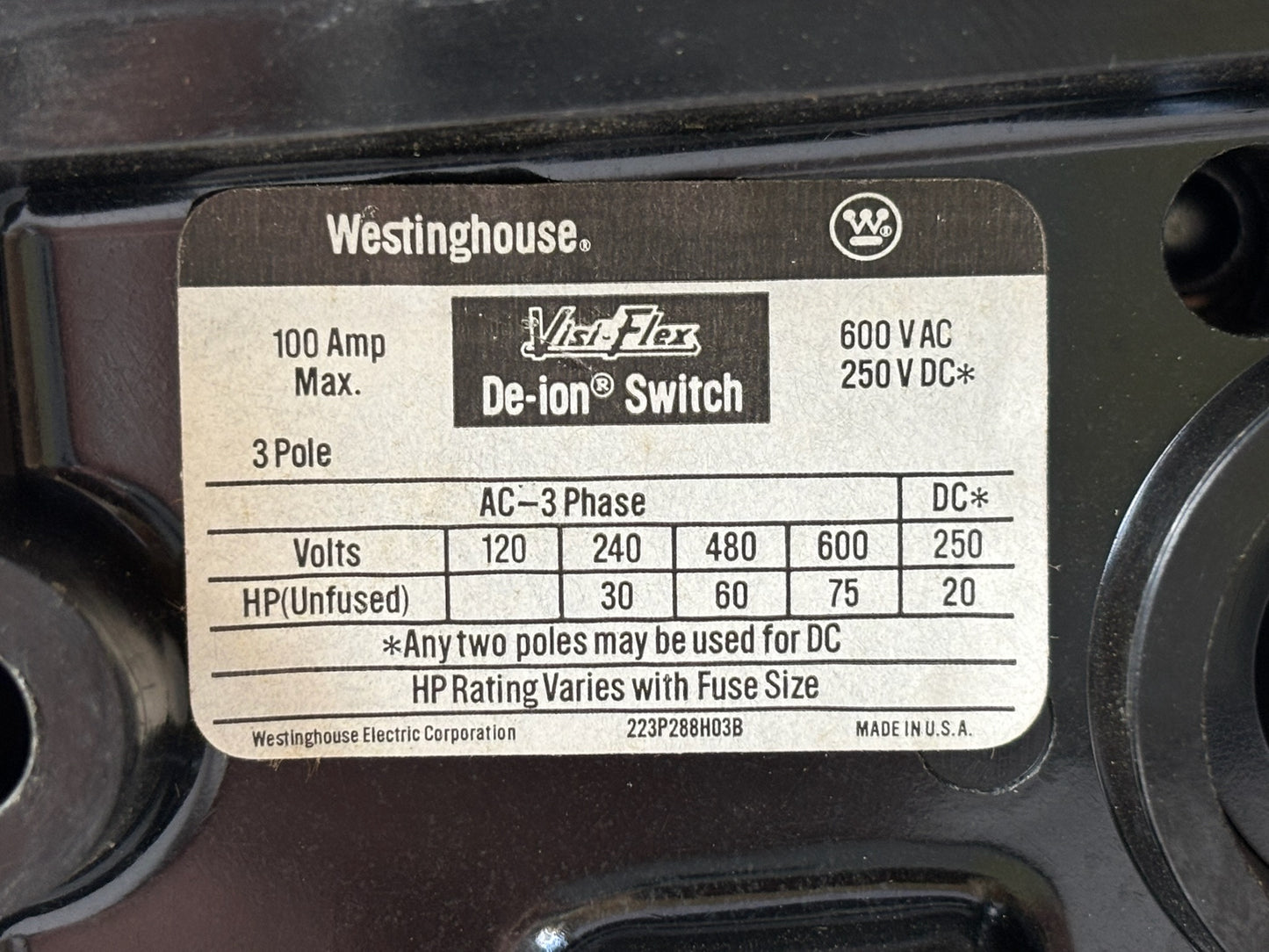 Westinghouse 6570780G15 Visi-Flex De-ion Switch 100 Amp Max