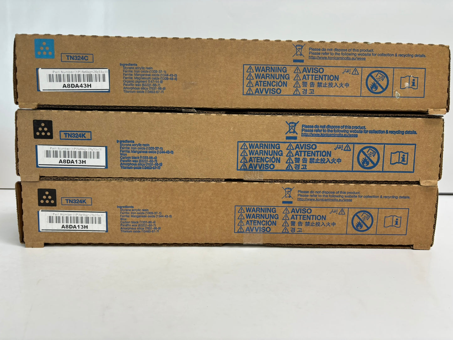 3 New OEM Konica Minolta bizhub C258,C308,C368 Low Yield TN324 CKK Toners