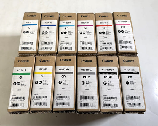 12 OEM Canon iPF8000,iPF9000,iPF9110 PFI-301 C,B,PC,G,Y,GY,M,R,PM,PGY,MBK,BK Ink
