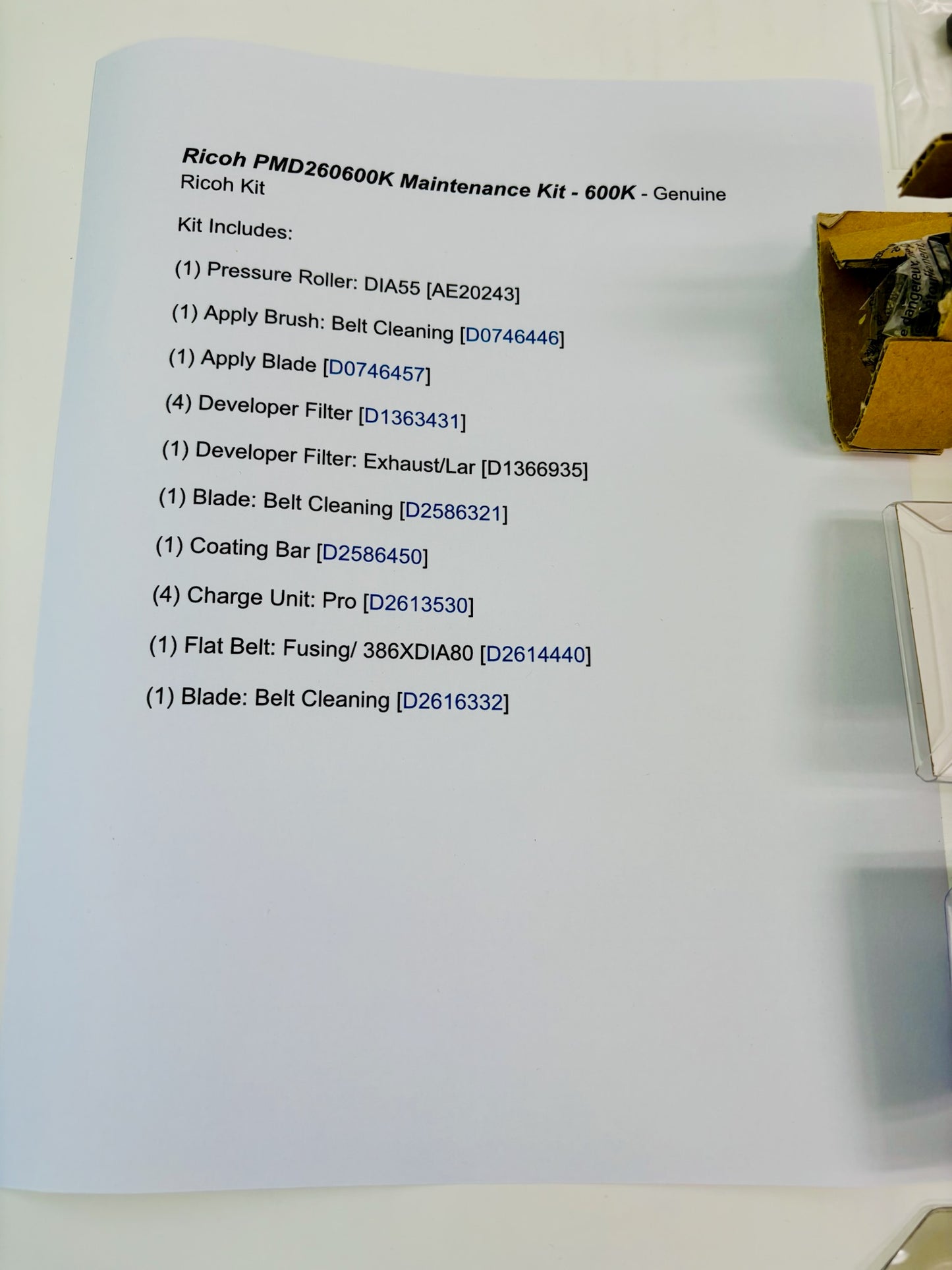 Open Genuine Ricoh Pro C5200S, C5210s Maintenance Kit PMD 260600K