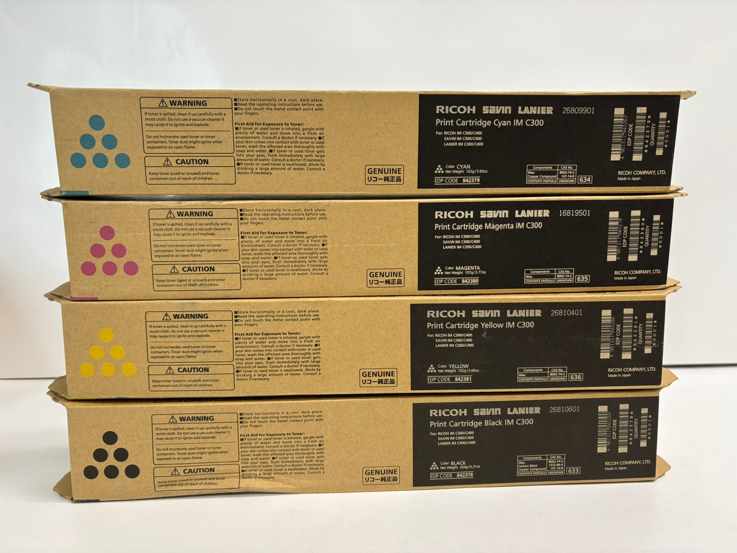 4 New OEM Ricoh IM C300, C400 CMYK Toners 842378,842379,842380,842381