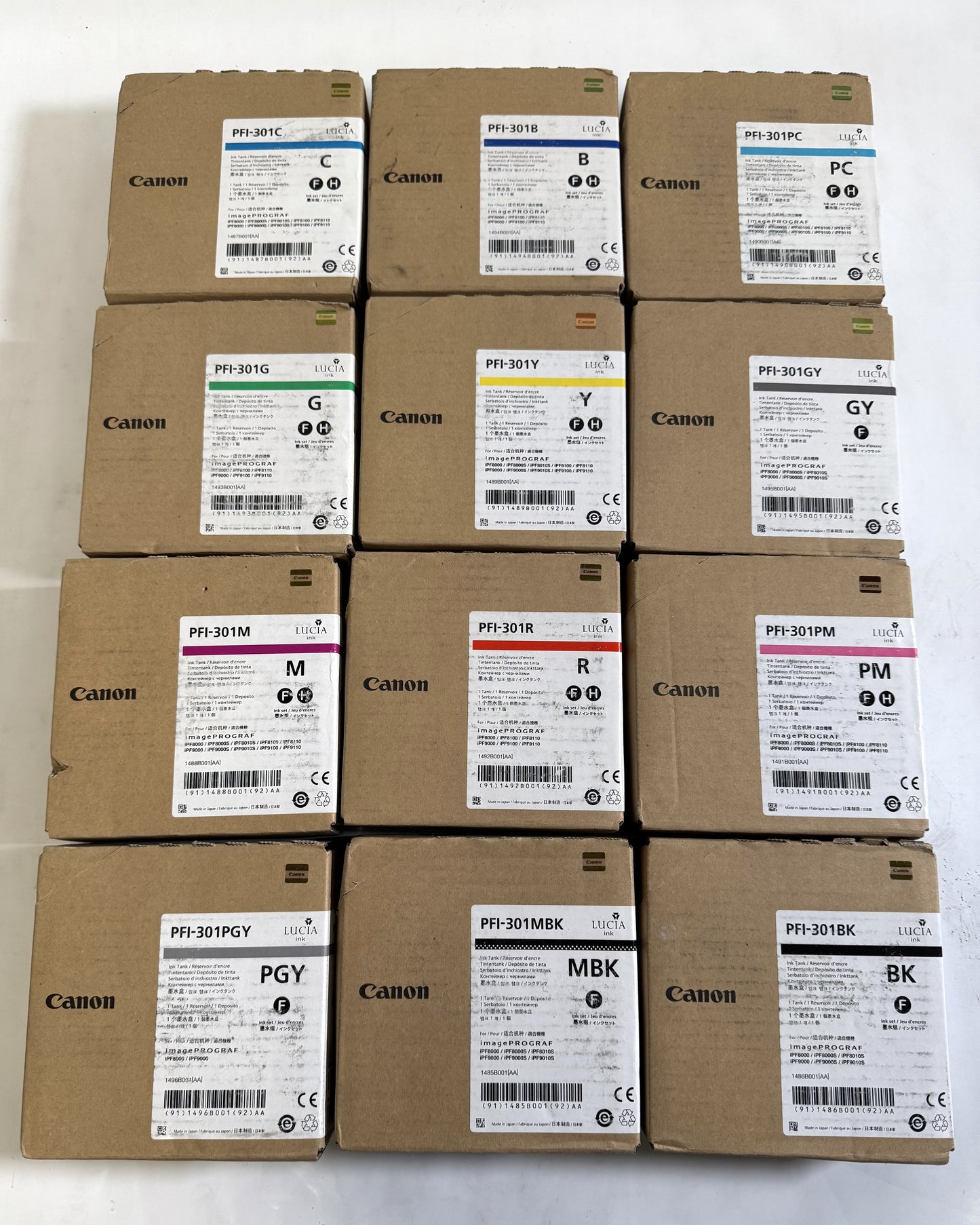 12 OEM Canon iPF8000,iPF9000,iPF9110 PFI-301 C,B,PC,G,Y,GY,M,R,PM,PGY,MBK,BK Ink