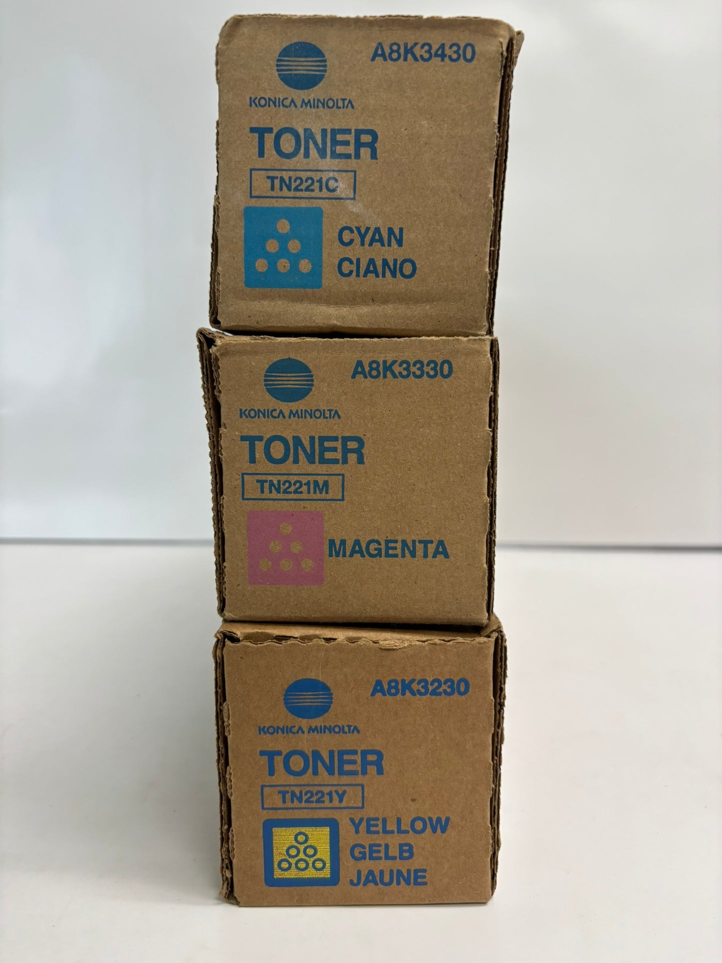3 Genuine Konica Minolta BizHub C227,C287 TN221 CMY Toners TN221C,TN221M,TN221Y