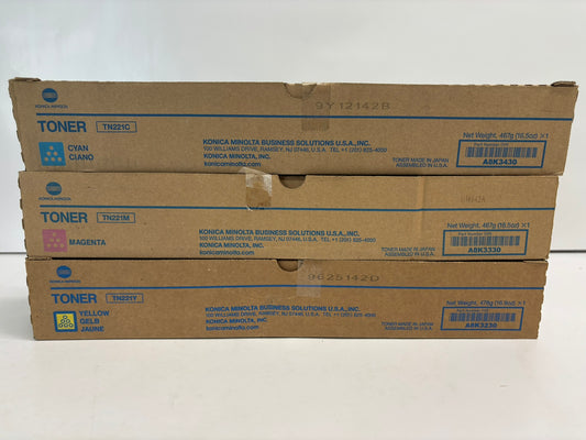 3 Genuine Konica Minolta BizHub C227,C287 TN221 CMY Toners TN221C,TN221M,TN221Y