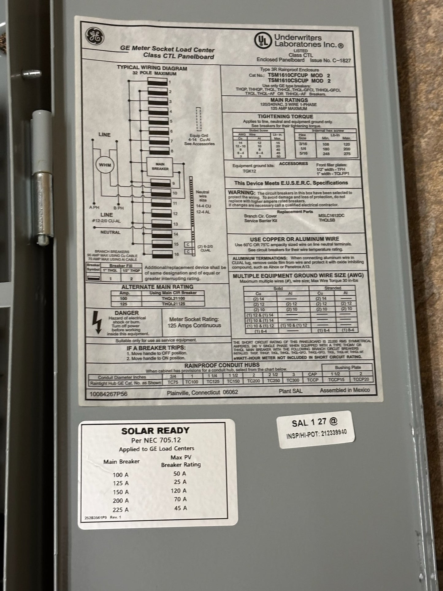 GE / ABB TSM1610CSCUP 100A 16-Space / 32-Circuit Meter/Main Load Center