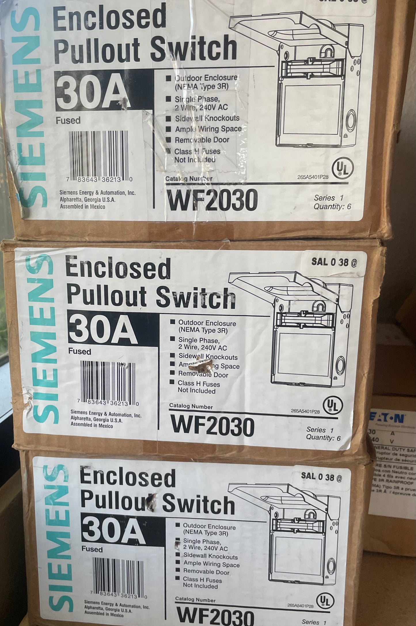 Siemens WF2030 Fusible AC Disconnect, 30A, Steel, Class H Fuse, Single Phase (6 pack)