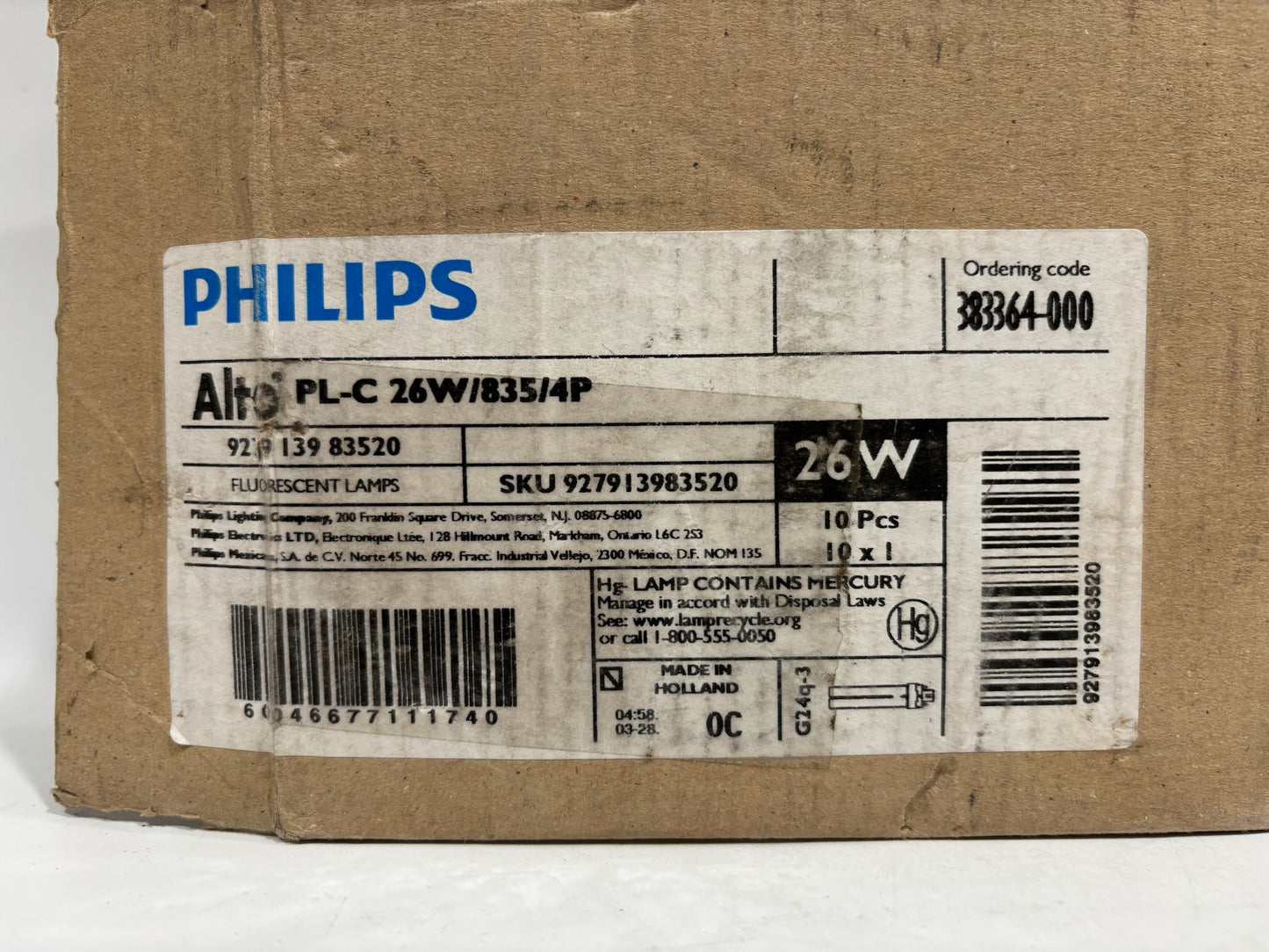 6 PK Philips PL-C 26W/835/4P Flourescent Lamp Double Tube 4 Pin Base