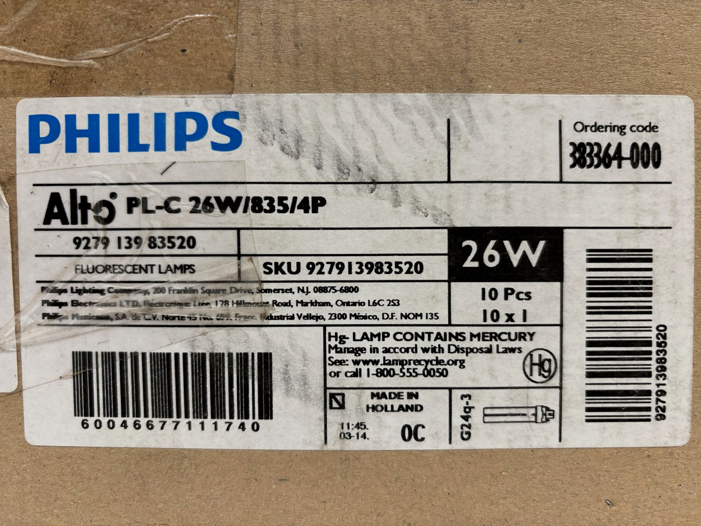 10 PK Phillip PL-C 26W/835/4P Fluroescent Lamp Double Tube 4 Pin Base