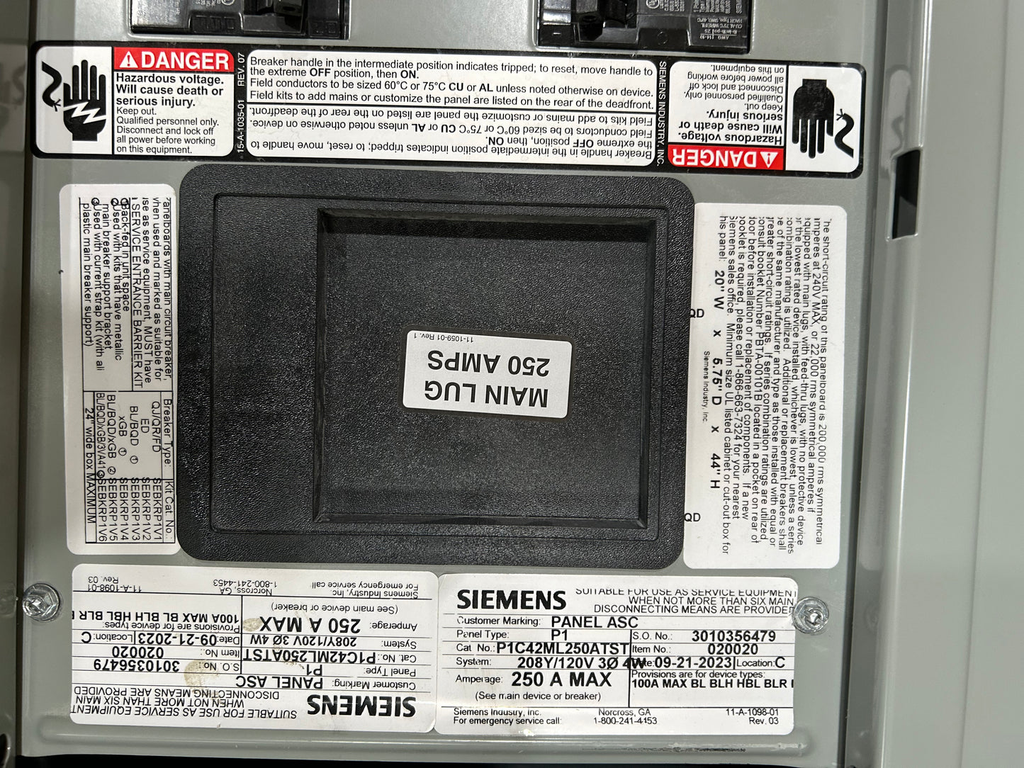 SIEMENS P1C42ML250ATST 250AMP MAIN LUG PANEL 208Y/120V 42 CIRCUIT 3-PHASE