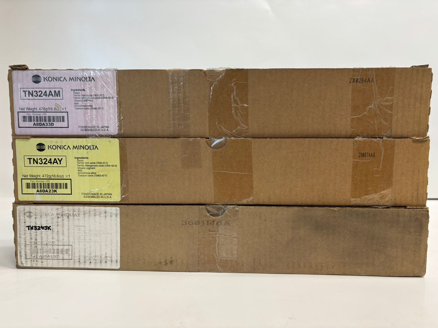 3 New OEM Konica Minolta Bizhub C258,C308,C368 TN324AM,AY,JK Toners (Plain Box)