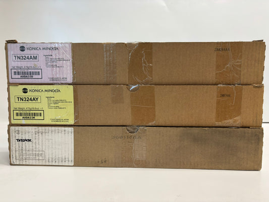 3 New OEM Konica Minolta Bizhub C258,C308,C368 TN324AM,AY,JK Toners (Plain Box)