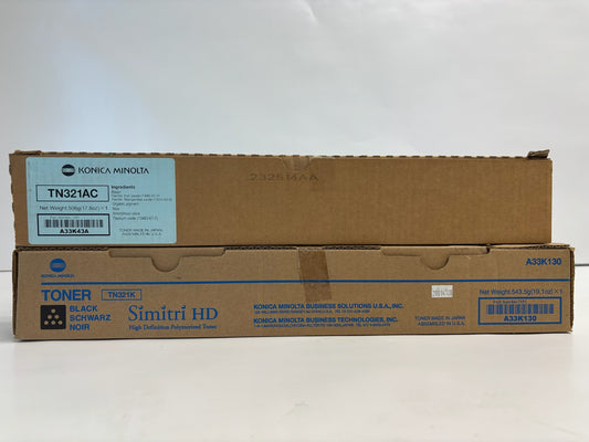 2 New OEM Konica Minolta Bizhub C224,C224e,C284 TN321AC & TN321K Toners