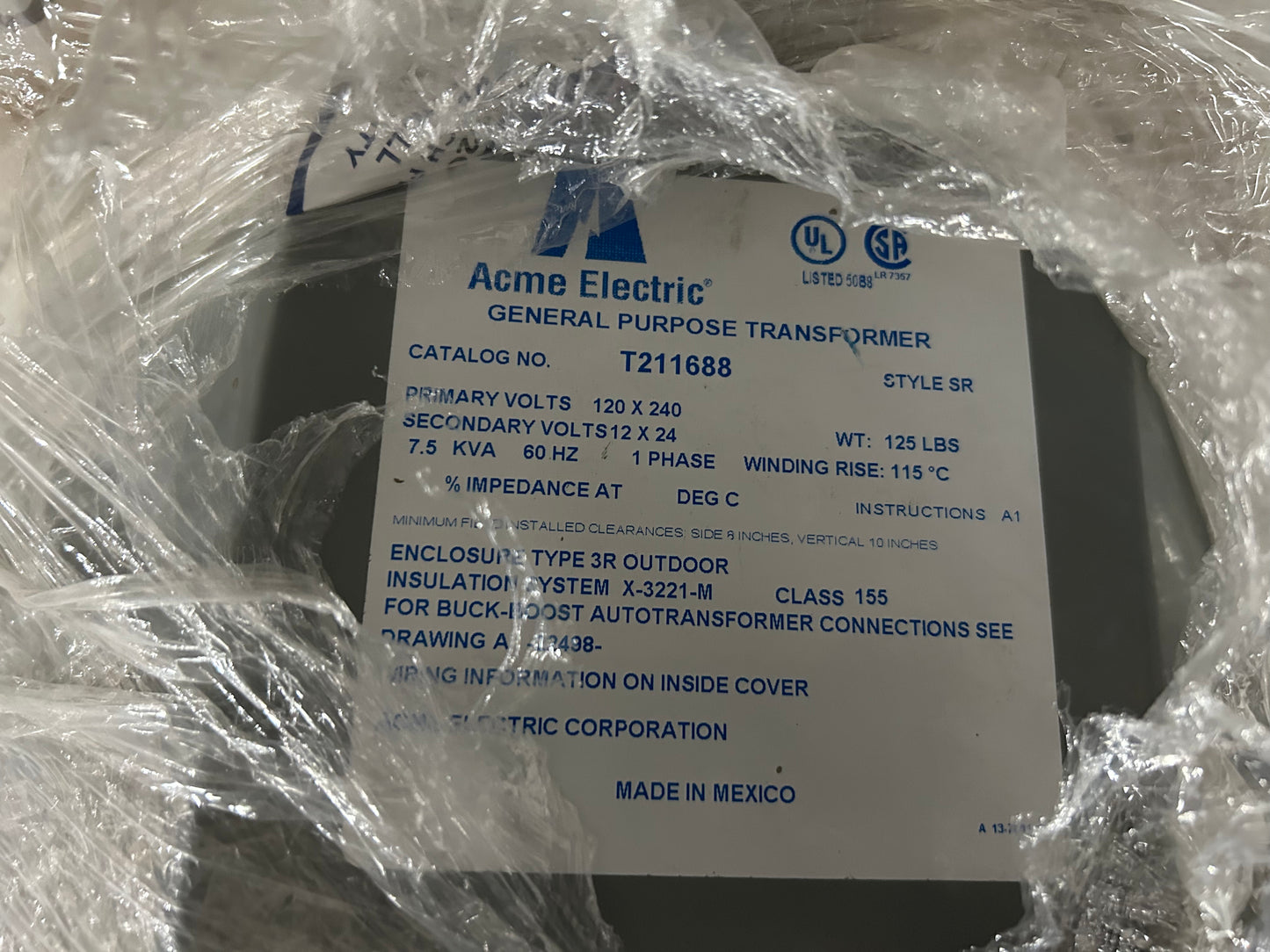 ACME Electric Corp. T211688 Buck-Boost Xformer 1-Phase 60 Hz 120 X 240 V 7.5KVA