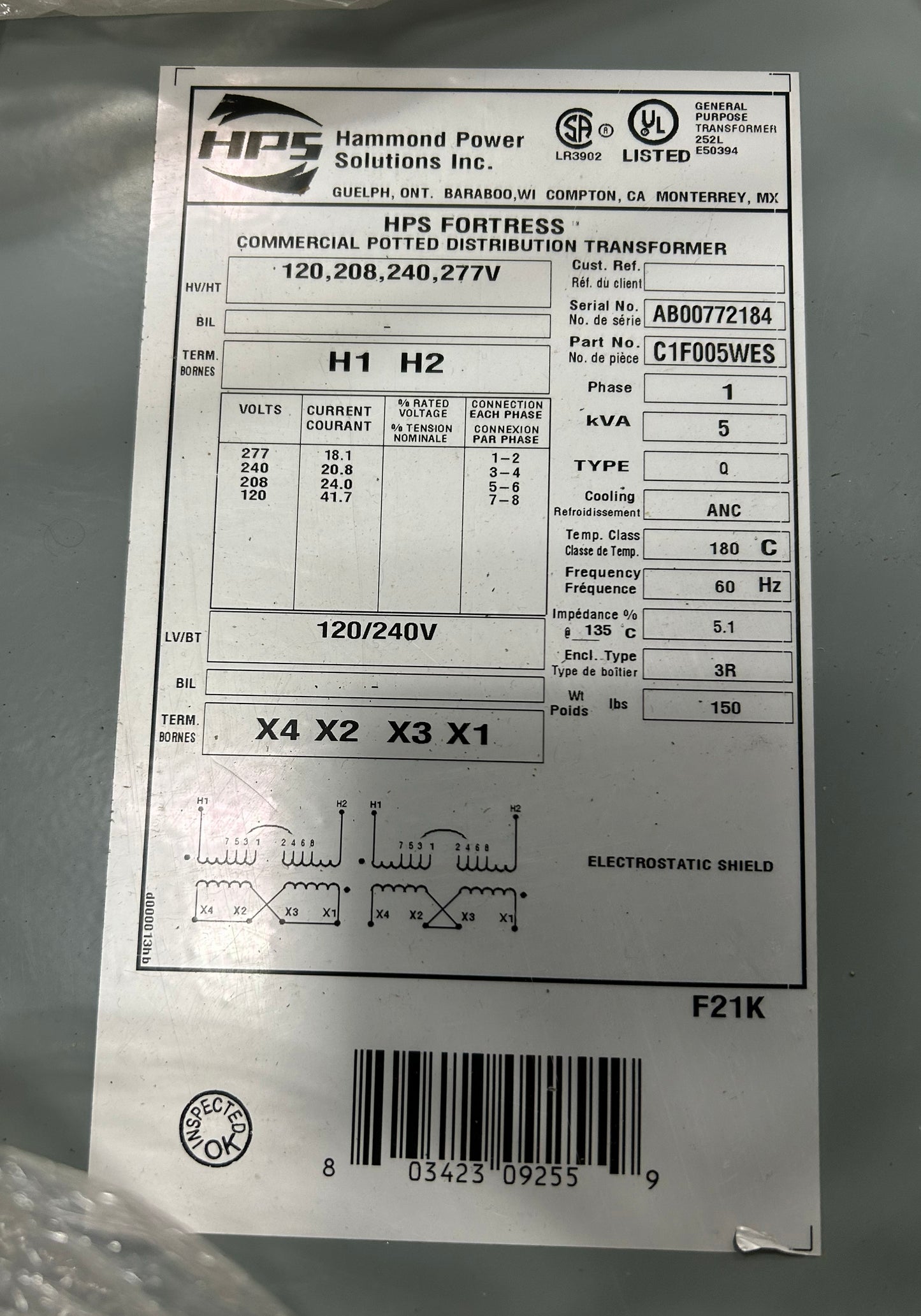 HPS C1F005WES Transformer POTTED 1PH 5KV 120/208/240/277-120/240V 60Hz AL 3R