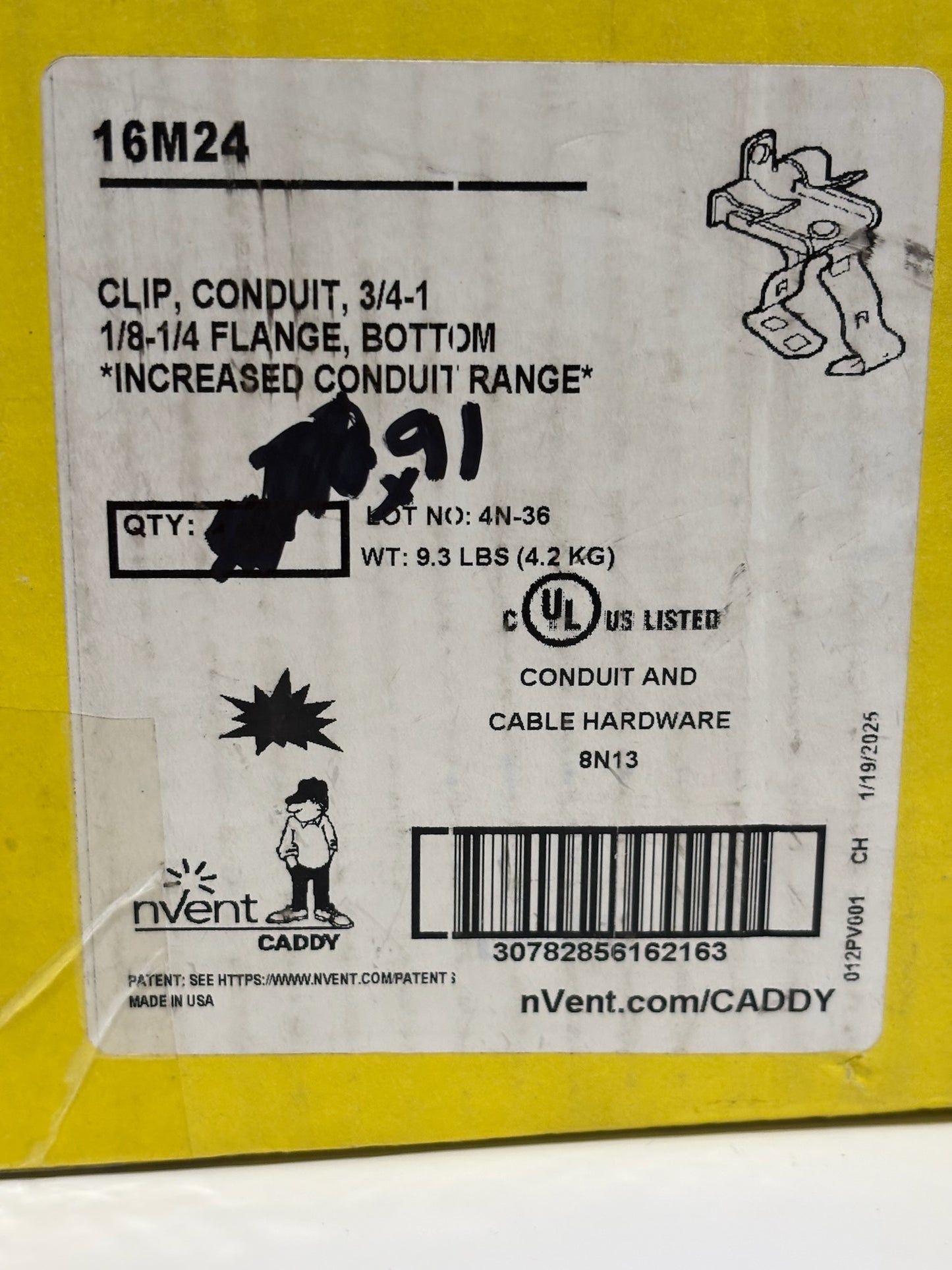 81 PC Erico Caddy 16M24 Clip, Conduit, 3/4-1 1/8-1/4 Flange, Bottom