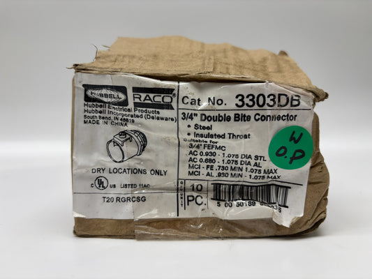 10 PC Raco 3303DB 3/4" Double Bite Connector, Steel, Insulated Throat (Open Box)