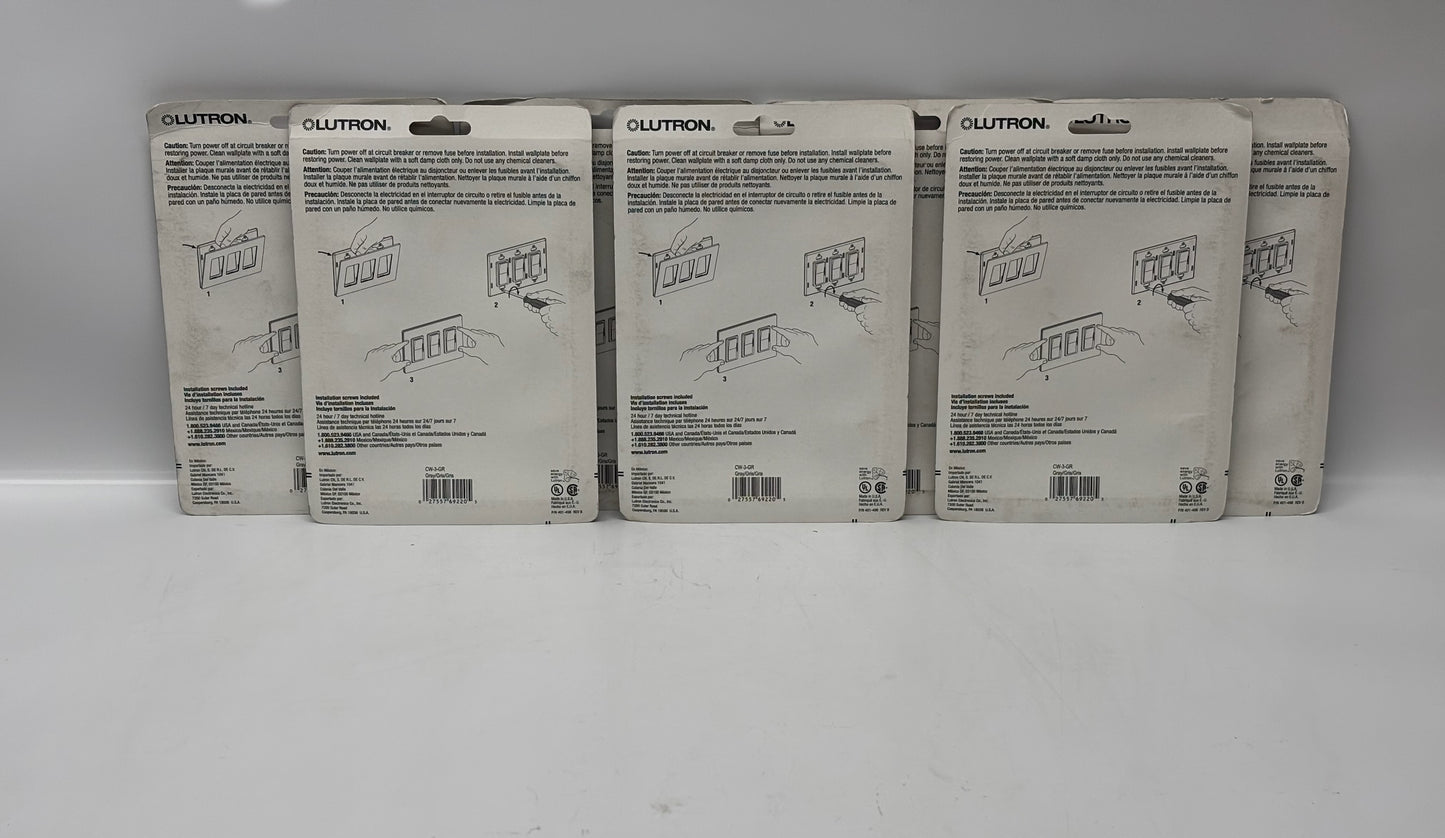 Lutron Claro CW‑3‑GR Wallplate – Gray 3-Gang Screwless Designer Plate, 7 Pack