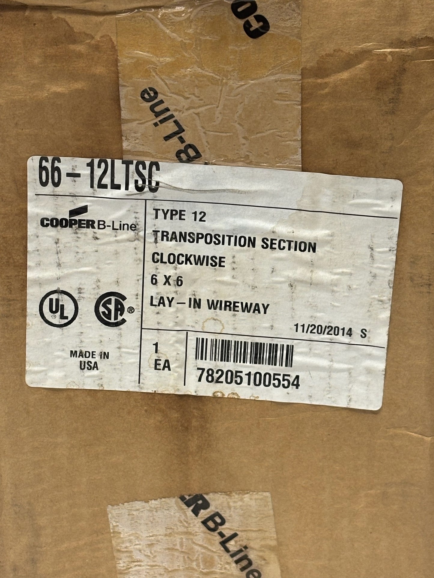 B-Line 66-12LTSC Lay-In Wireway – NEMA 12, 6x6" Steel, Gray, Transverse CW