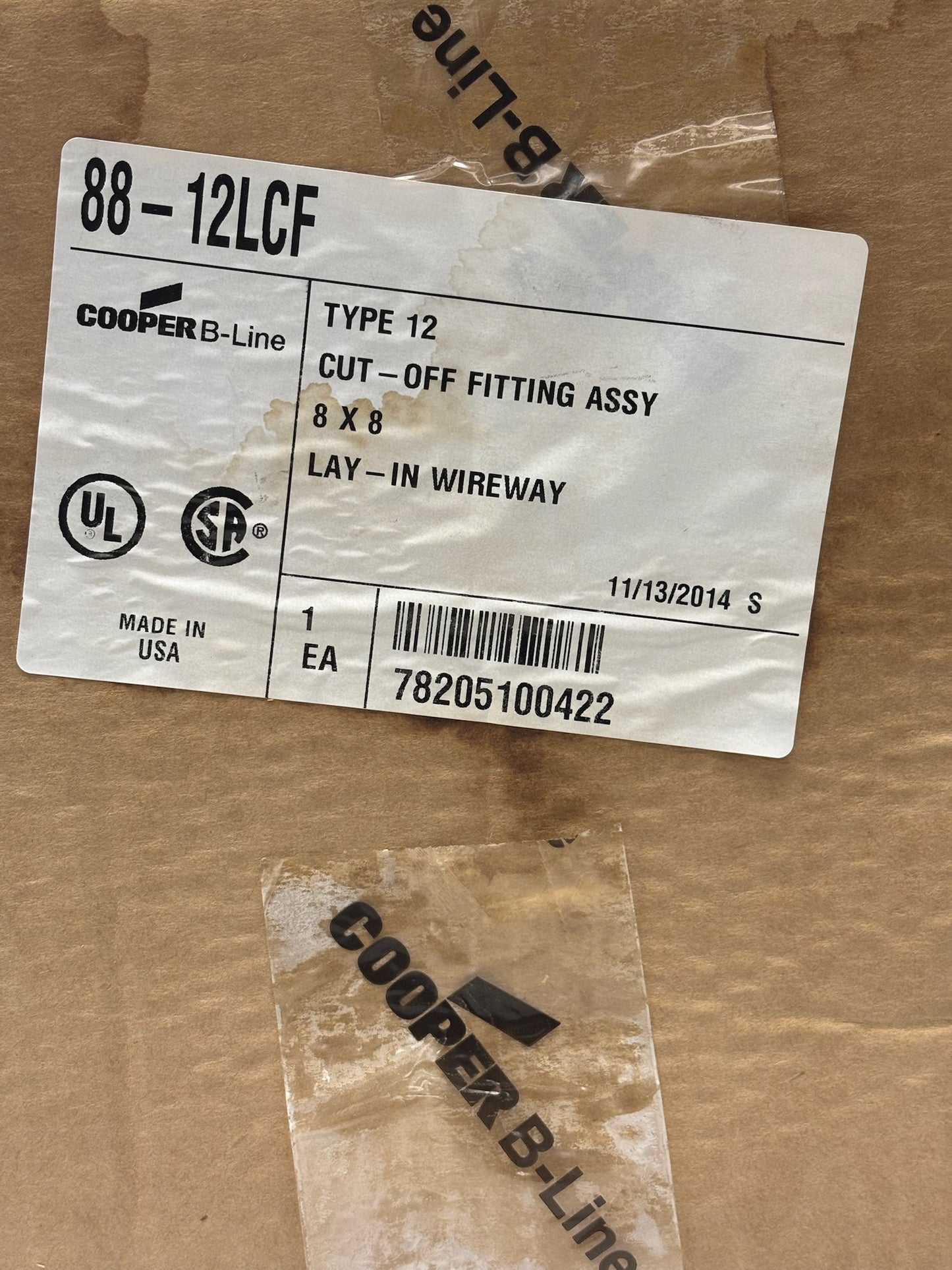 Cooper 88‑12LCF – 8″×8″ NEMA 12 Lay-In Wireway Cut-Off,Steel,ANSI 61 Gray Finish