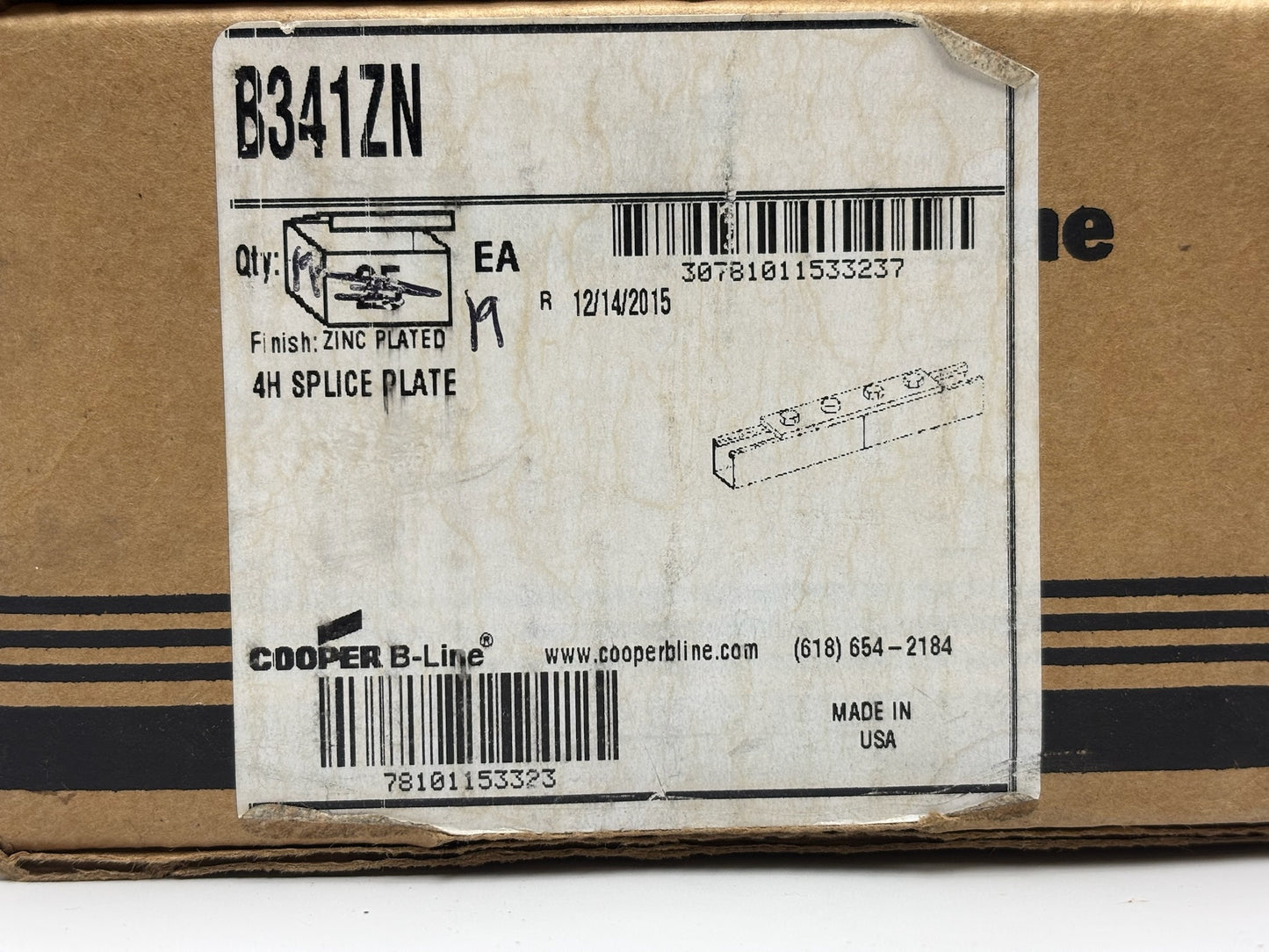 Cooper B-Line B341ZN 4-Hole Zinc Plated Splice Plate – 19 Pack