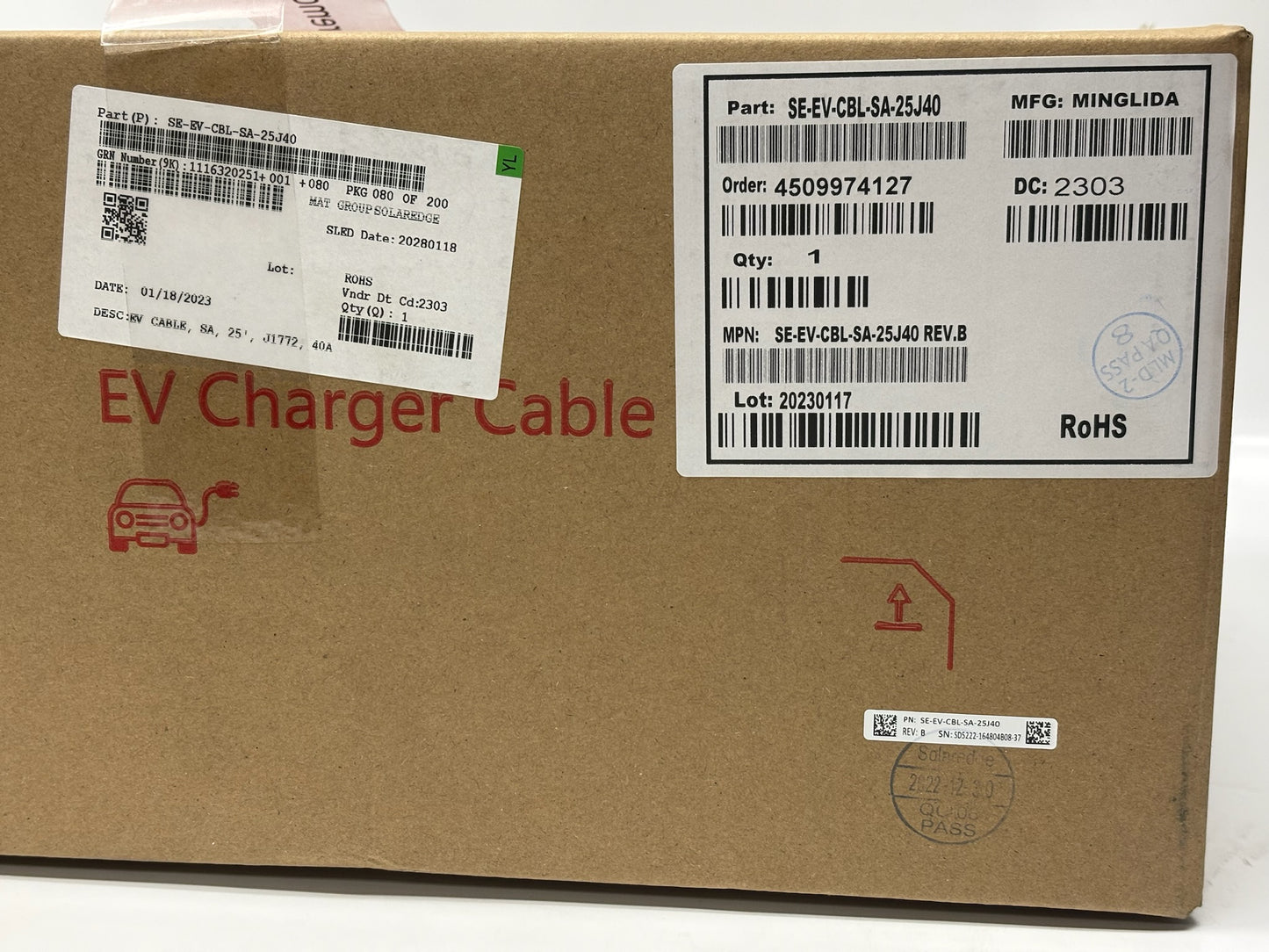 SolarEdge SE-EV-CBL-SA-25J40 25ft 40A Level 2 EV Charging Cable J1772