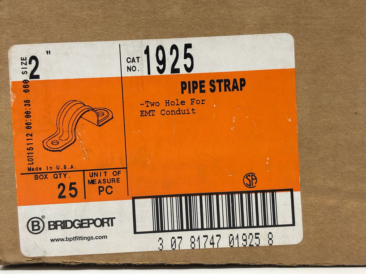 Bridgeport 1925 2″ EMT Pipe Strap – Steel, Zinc Plated, 25-Pack, Two-Hole
