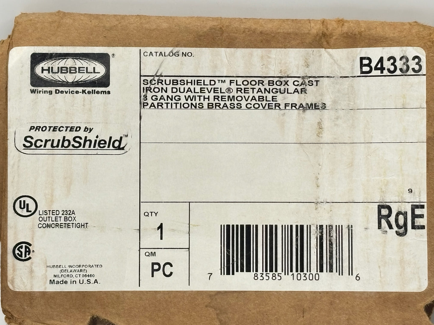 Hubbell B4333 3‑Gang Deep Cast Iron Flush Floor Box with Brass Top