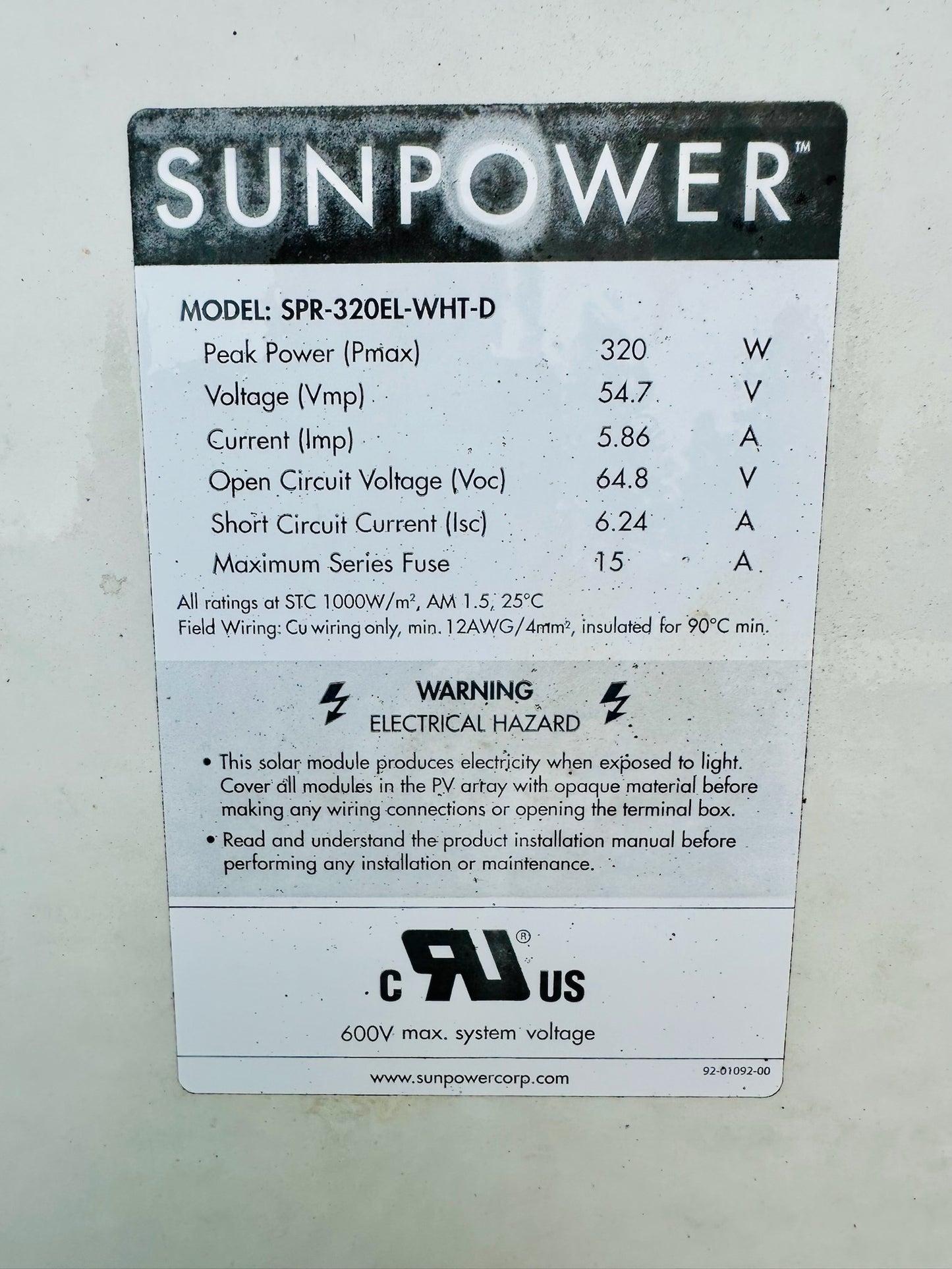 56 Pk Sunpower T5-SPR-320 SPR-320EL-WHT-D 320W Monocrystalline Solar Panel