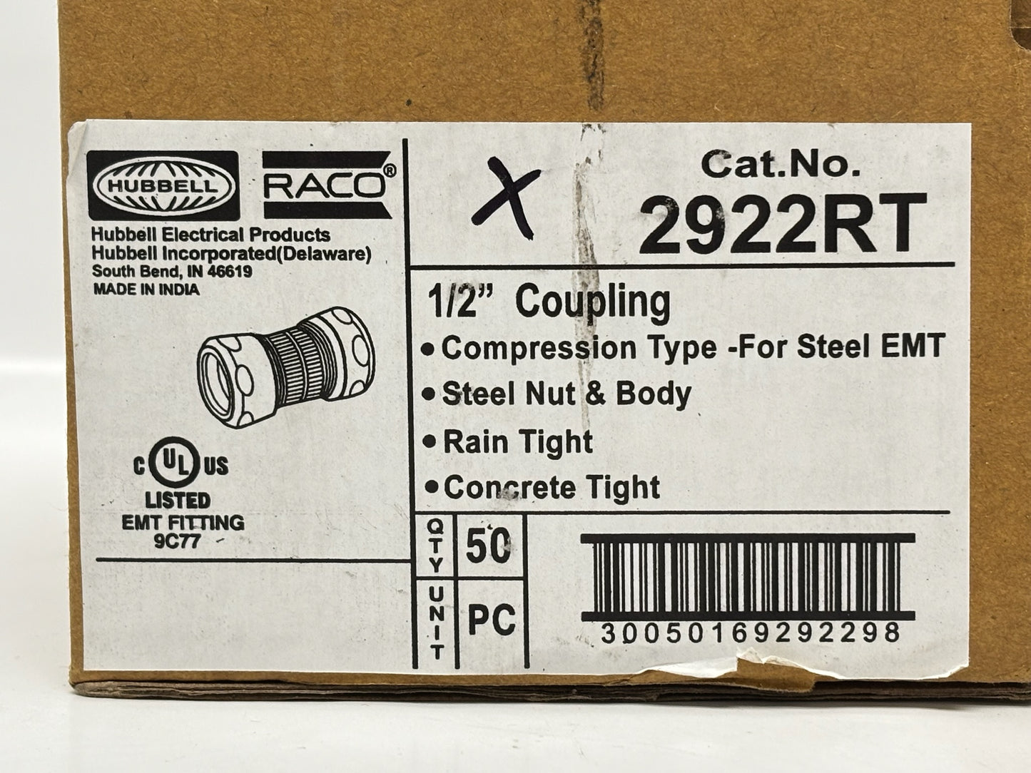 50 PK RACO 2922RT ½″ EMT Compression Raintight Coupling, Steel