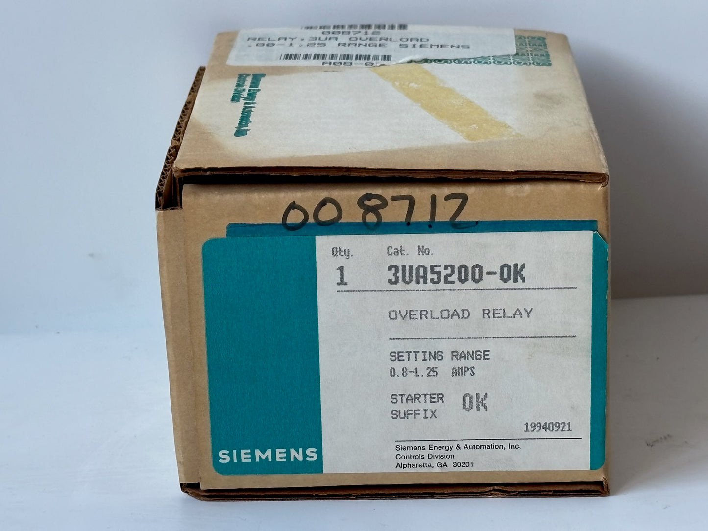 Siemens 3VA5200-0K Overload Relay Motor Protection Setting Range