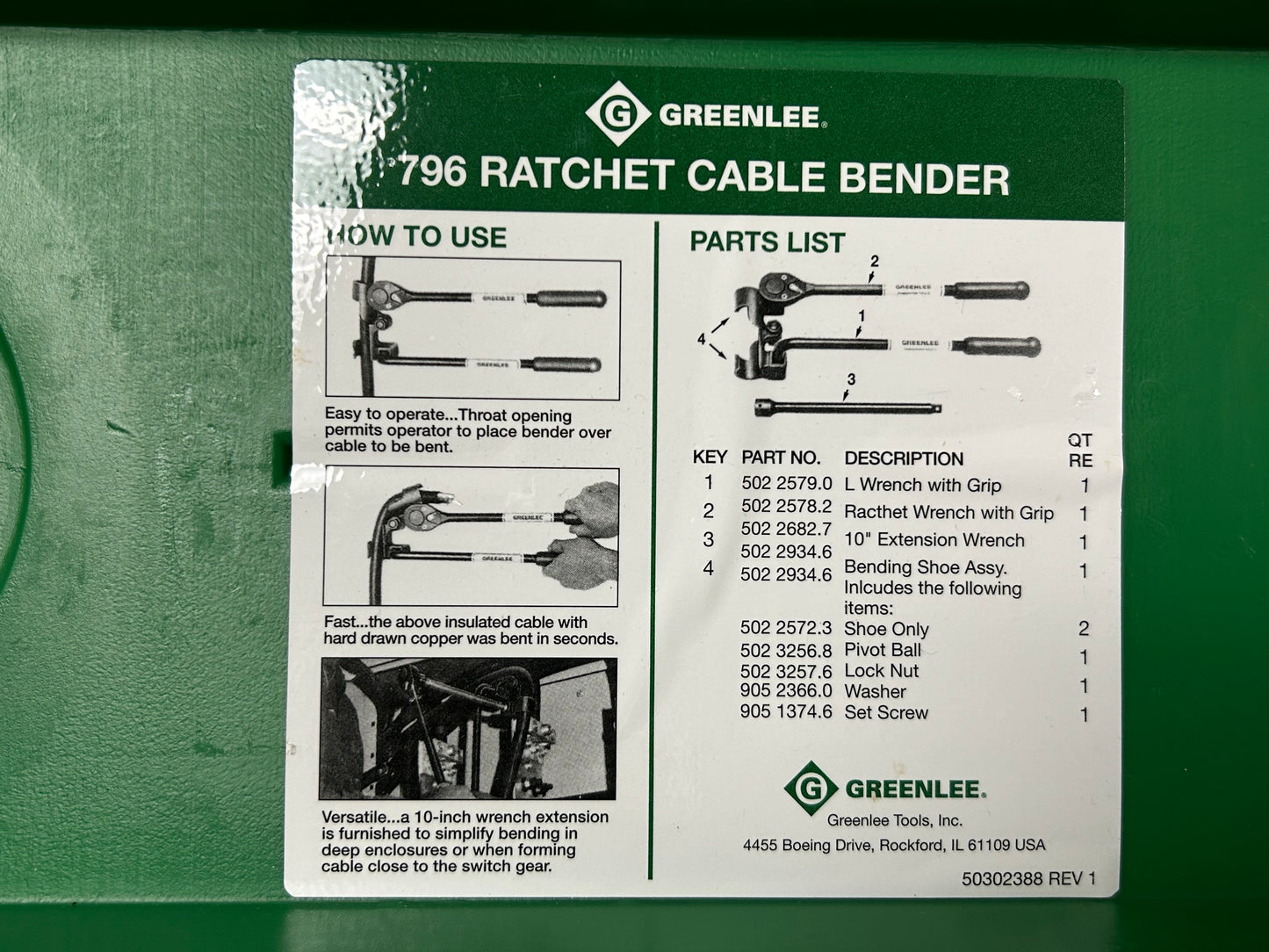 Greenlee 796 Ratchet Cable Bender Assembly *Used