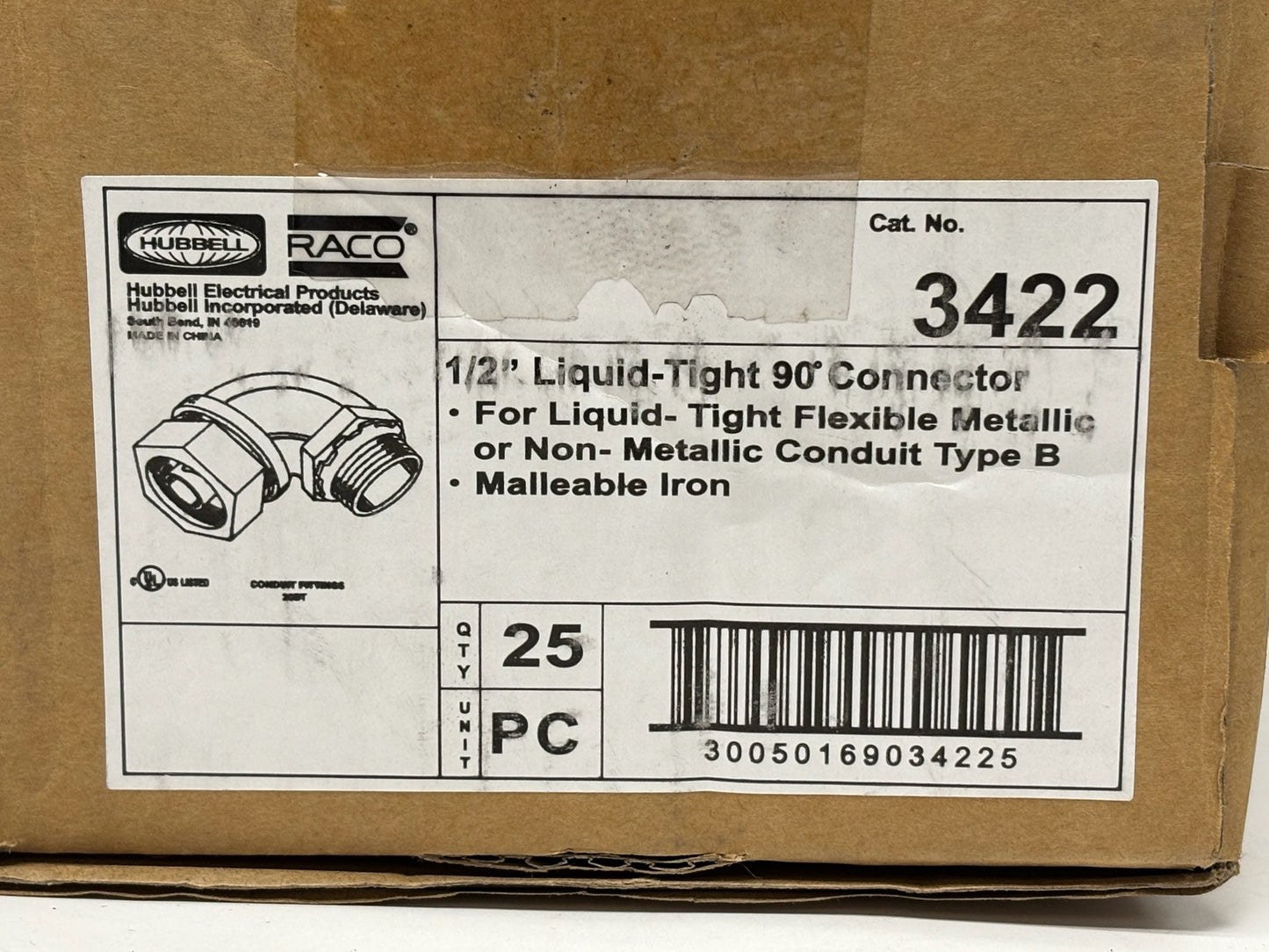 18 PK RACO 3422 ½" 90° Liquidtight Connector, Non‑Insulated